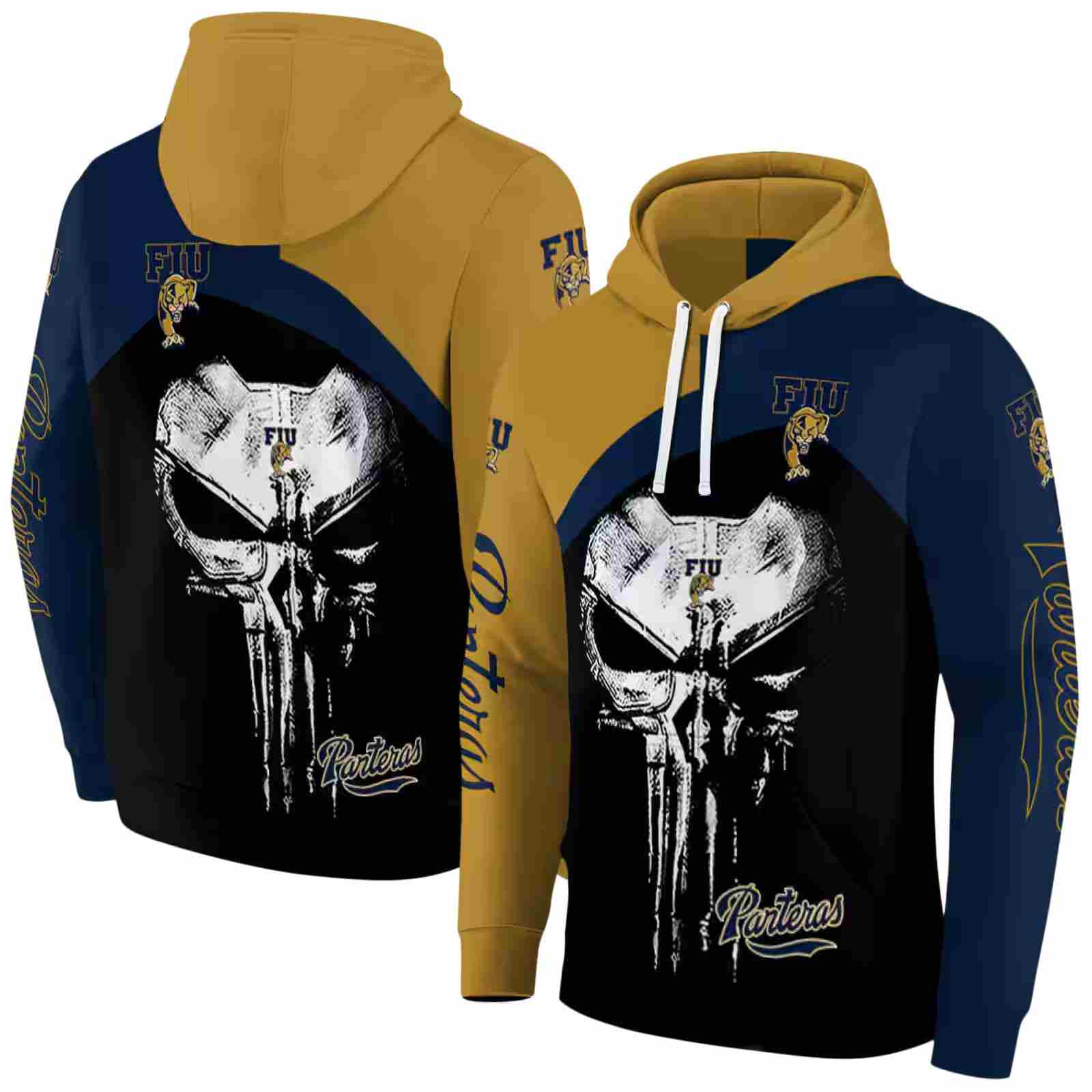 fiu panthers skull punisher gold black hoodie fashion forward