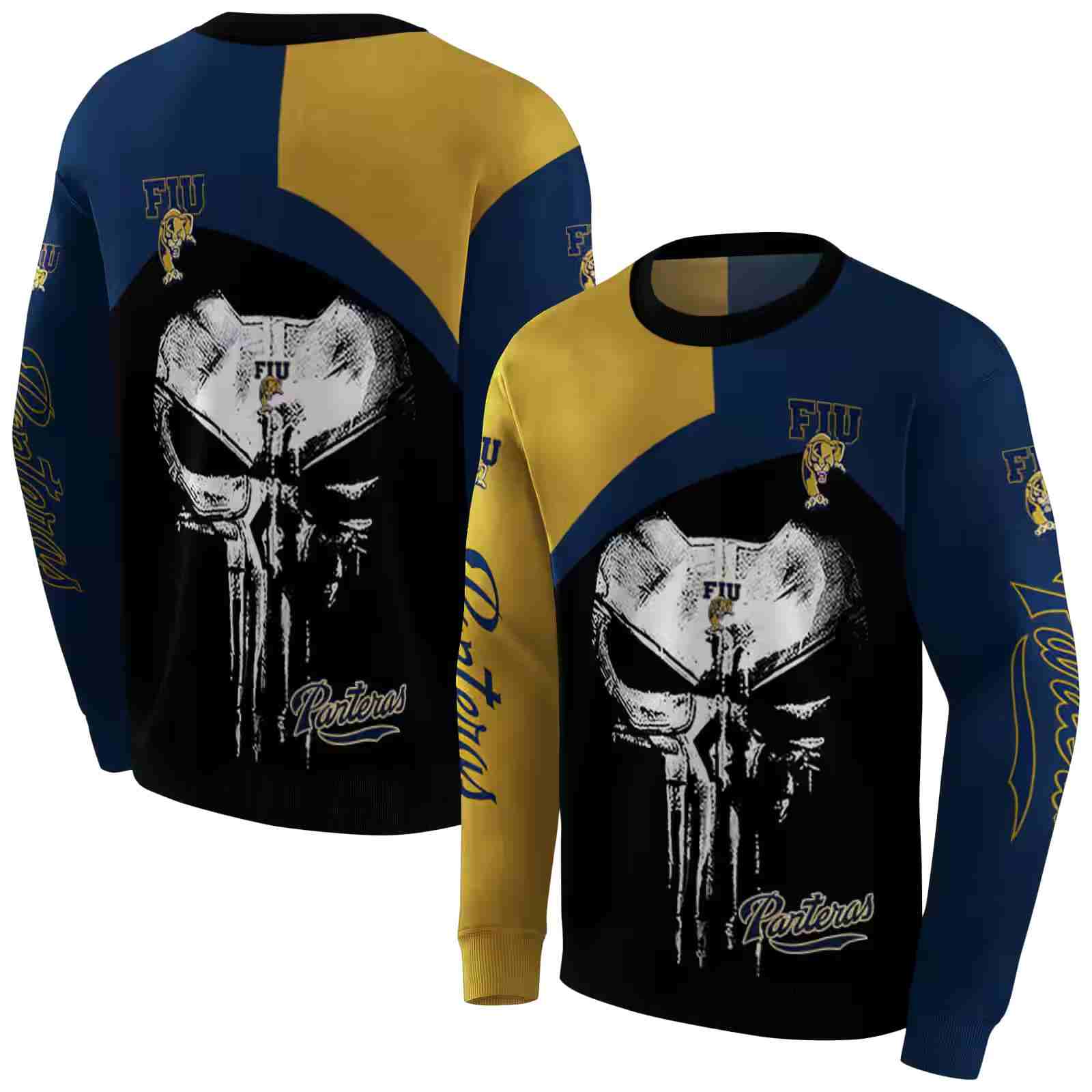 fiu panthers skull punisher gold black hoodie premium grade
