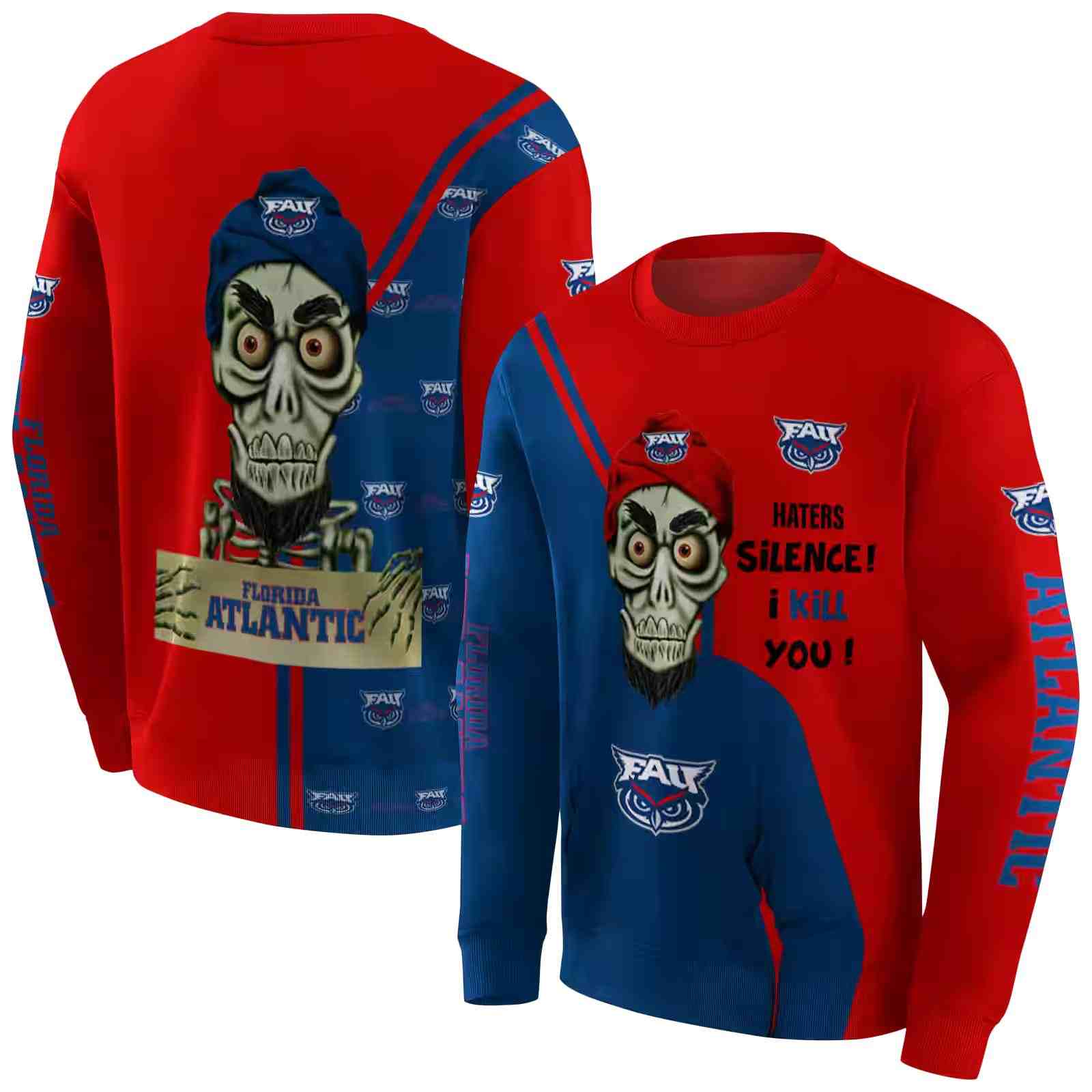 florida atlantic owls achmed skull blue hoodie premium grade