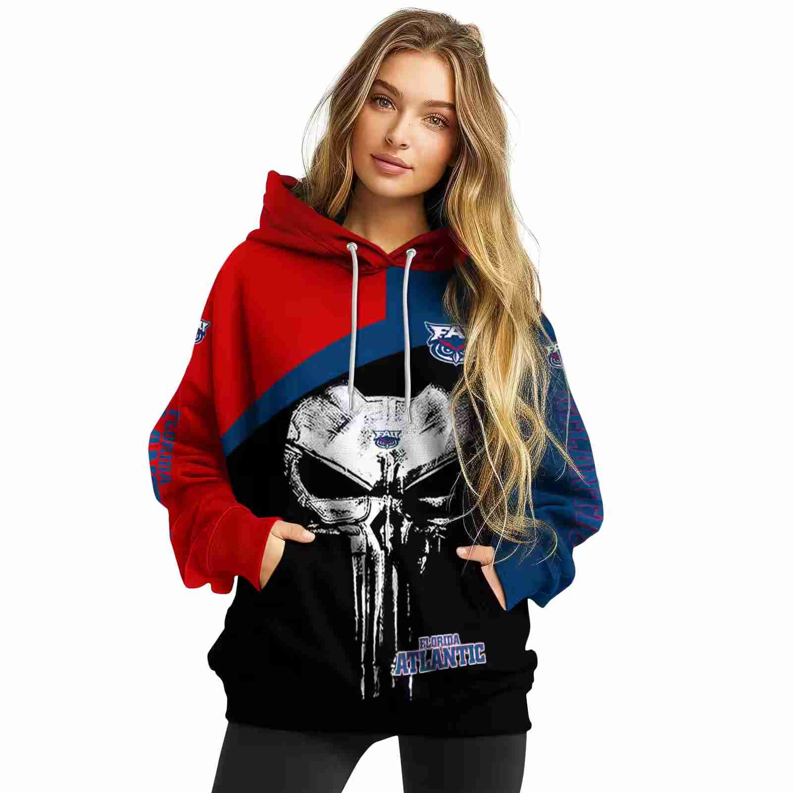 florida atlantic owls skull punisher red black hoodie high quality