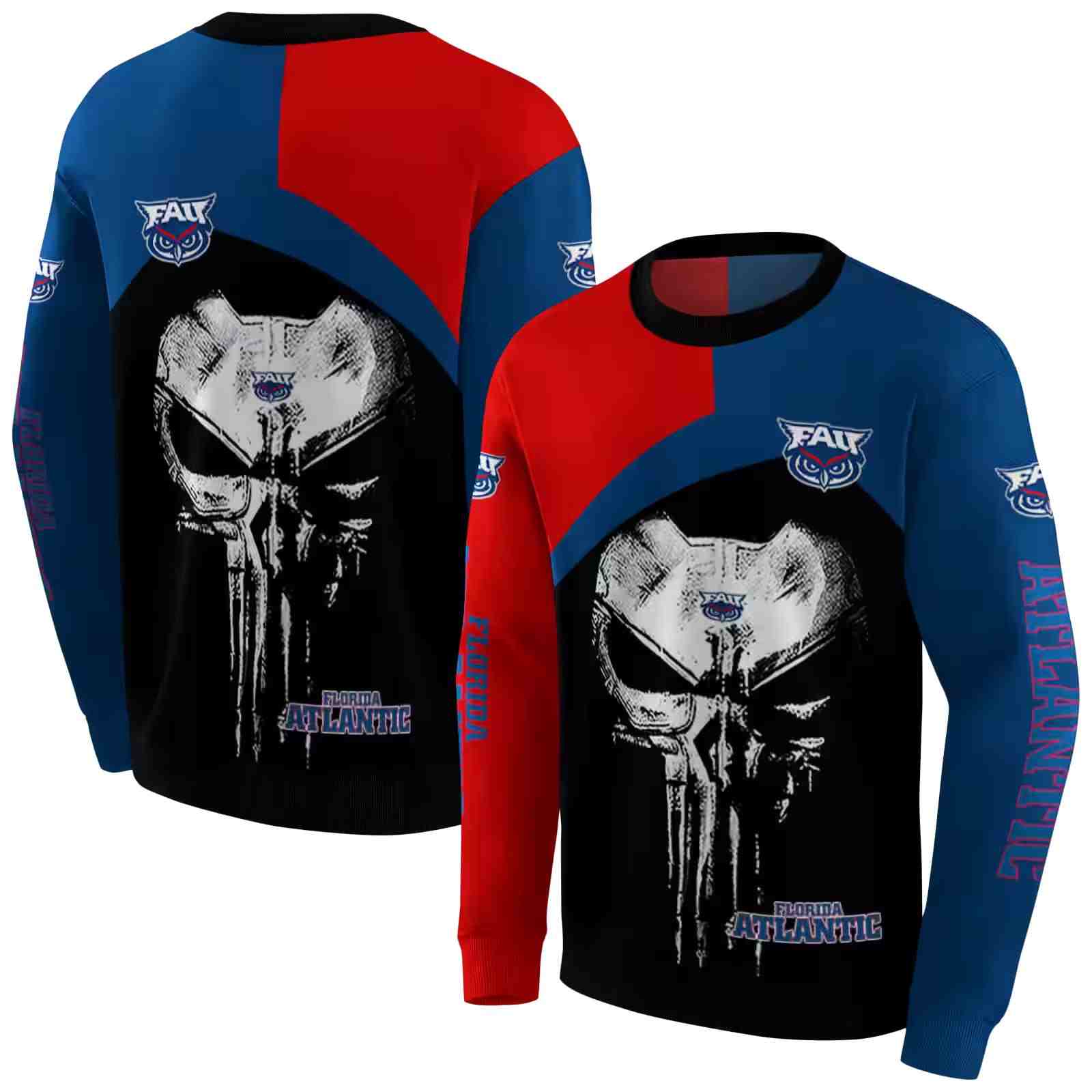 florida atlantic owls skull punisher red black hoodie premium grade