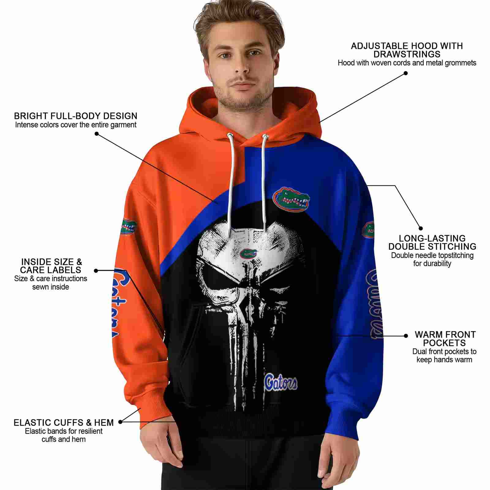 florida gators skull punisher orange black hoodie latest model