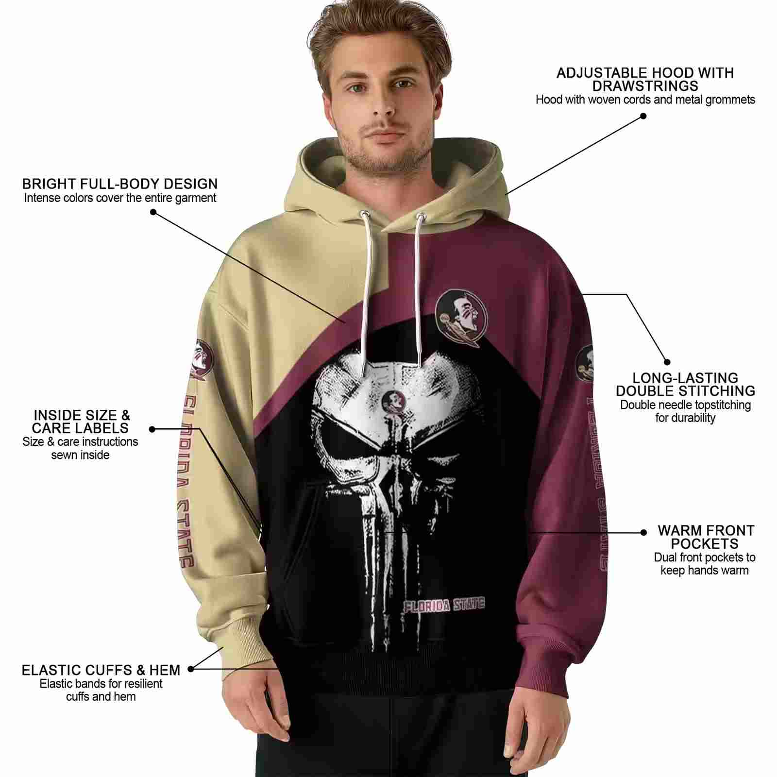 florida state seminoles skull punisher gold black hoodie latest model