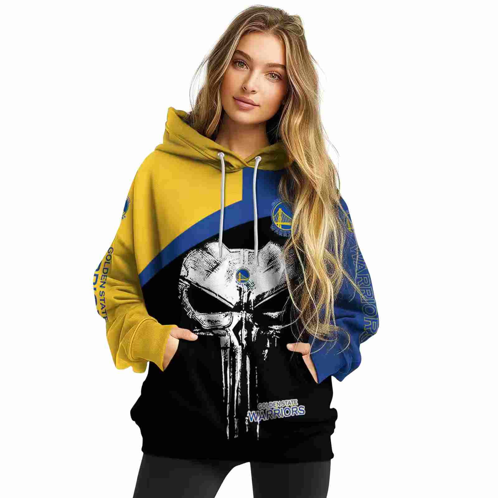 golden state warriors skull punisher yellow black hoodie high quality