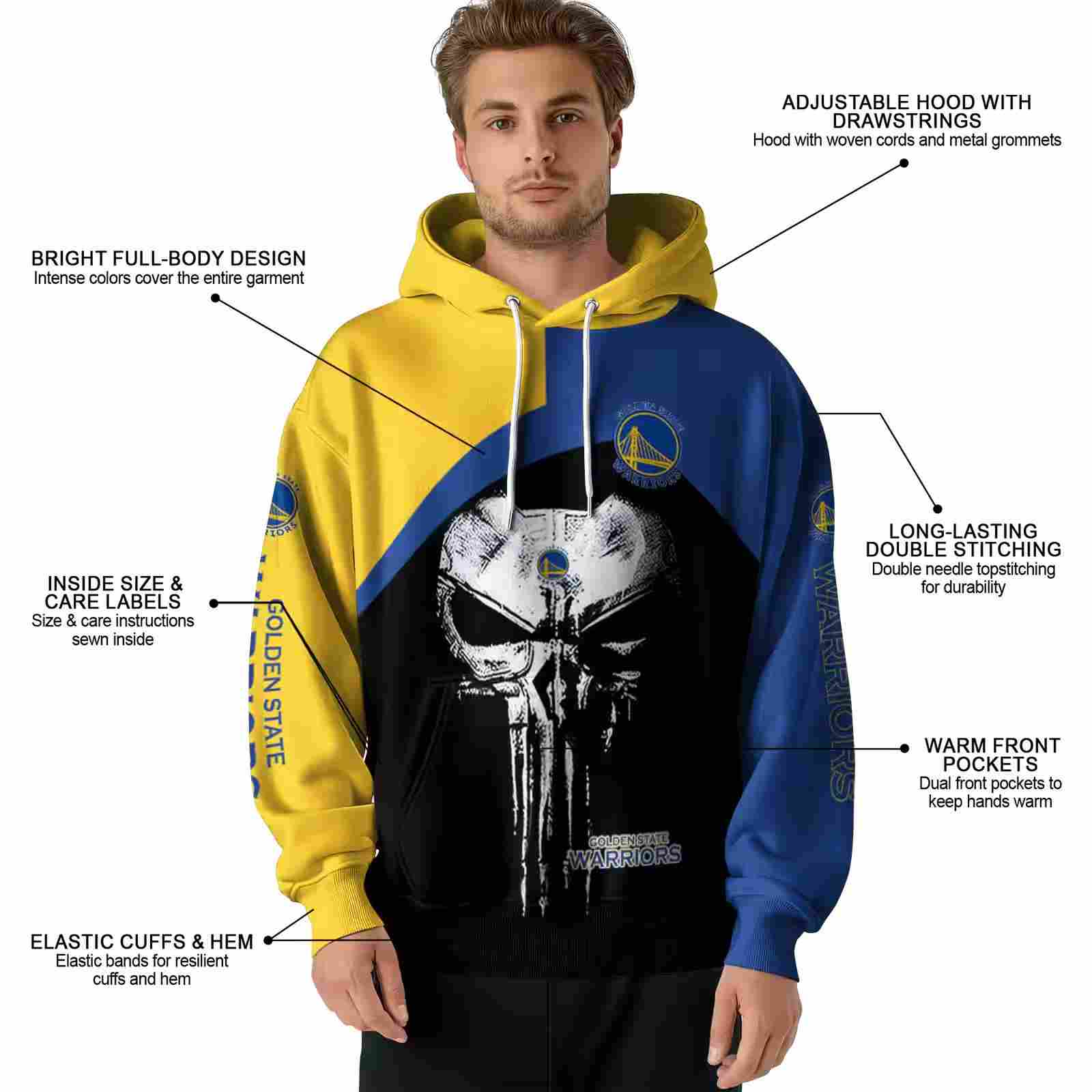 golden state warriors skull punisher yellow black hoodie latest model