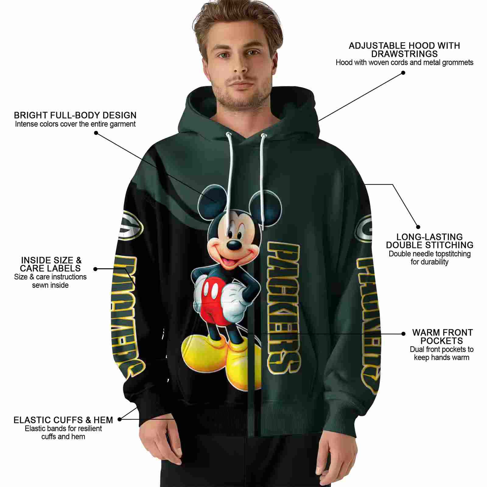 green bay packers mickey mouse green black hoodie latest model