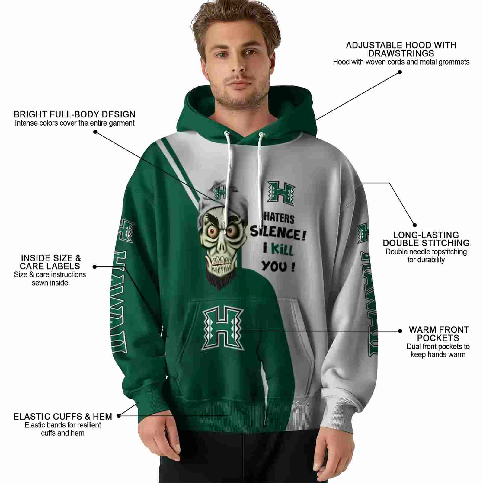 hawaii rainbow warriors achmed skull green hoodie latest model