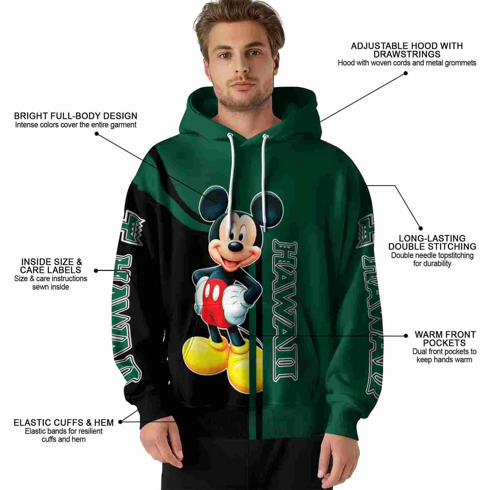 hawaii rainbow warriors mickey mouse green black hoodie latest model