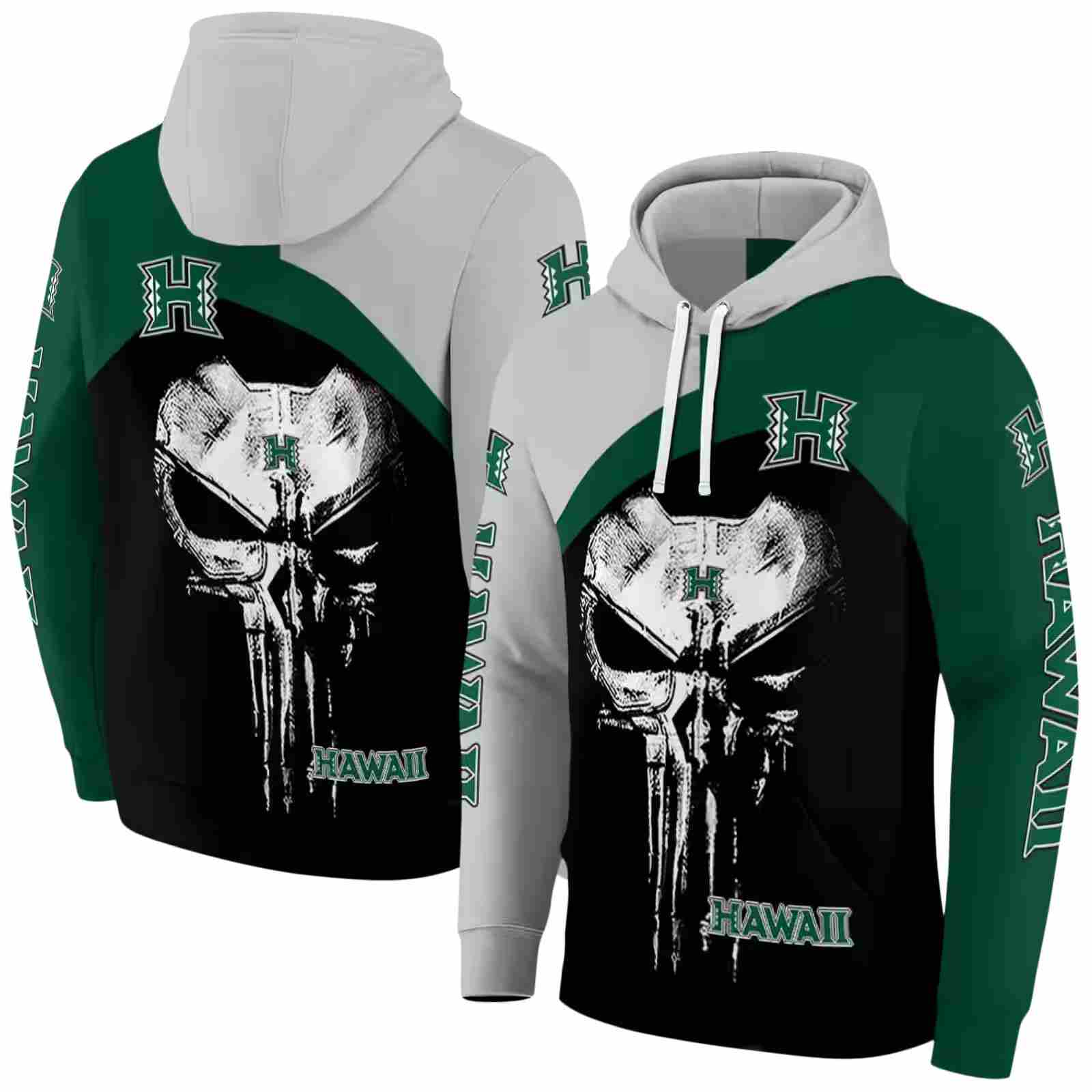 hawaii rainbow warriors skull punisher silver black hoodie fashion forward