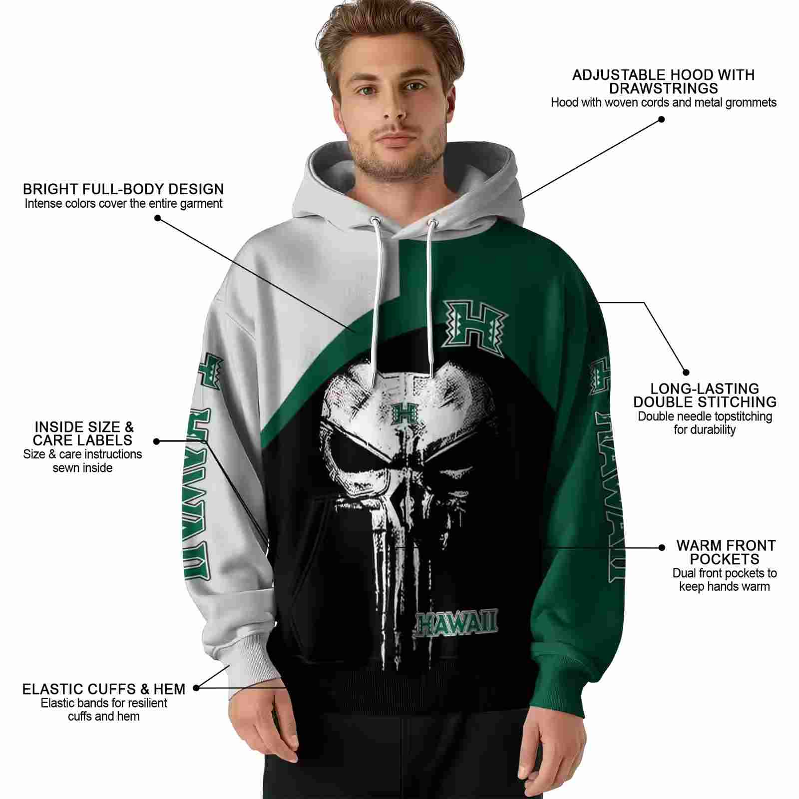 hawaii rainbow warriors skull punisher silver black hoodie latest model