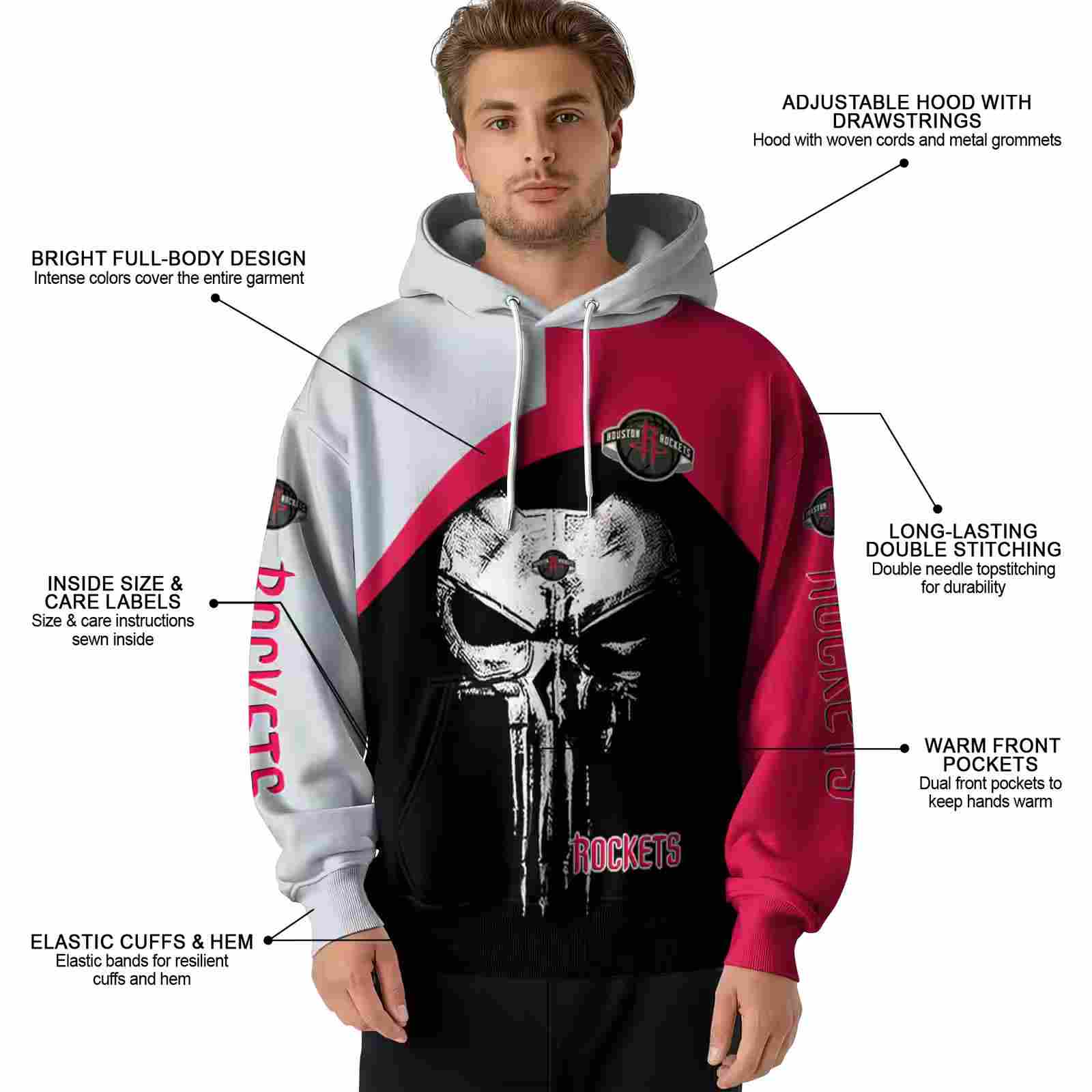 houston rockets skull punisher grey black hoodie latest model