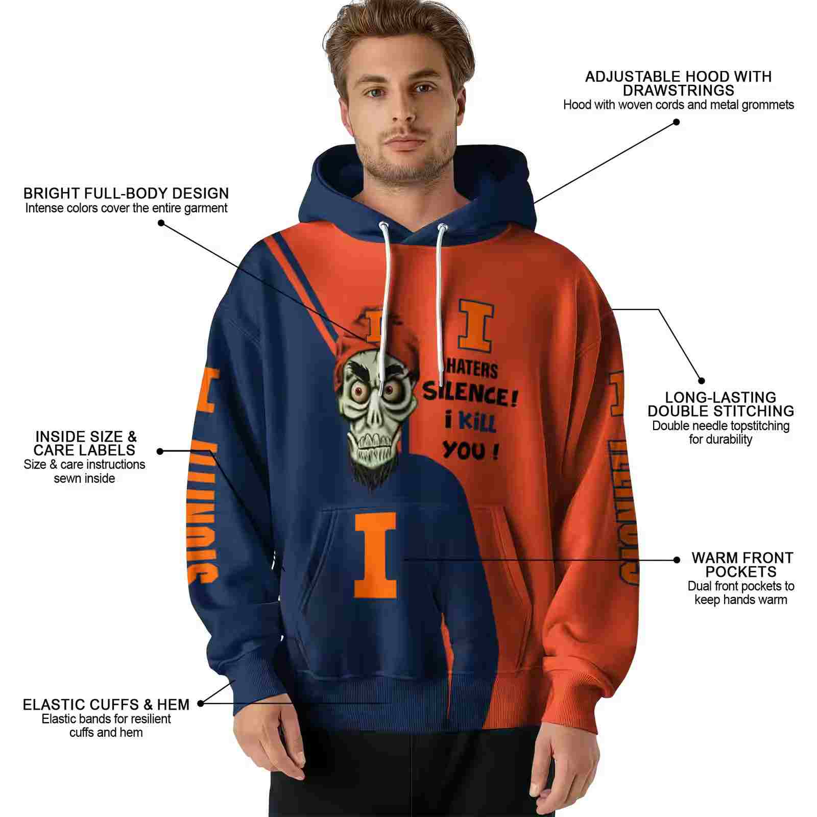 illinois fighting illini achmed skull blue hoodie latest model