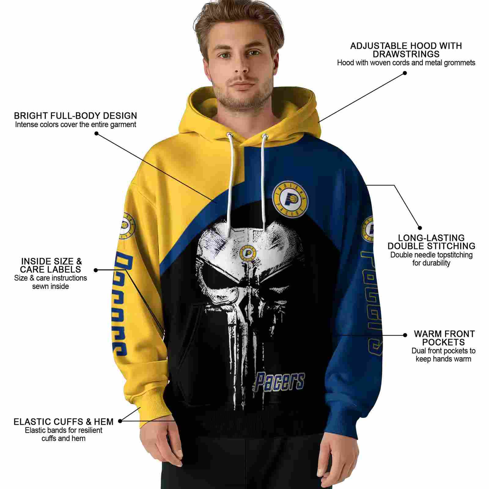 indiana pacers skull punisher yellow black hoodie latest model