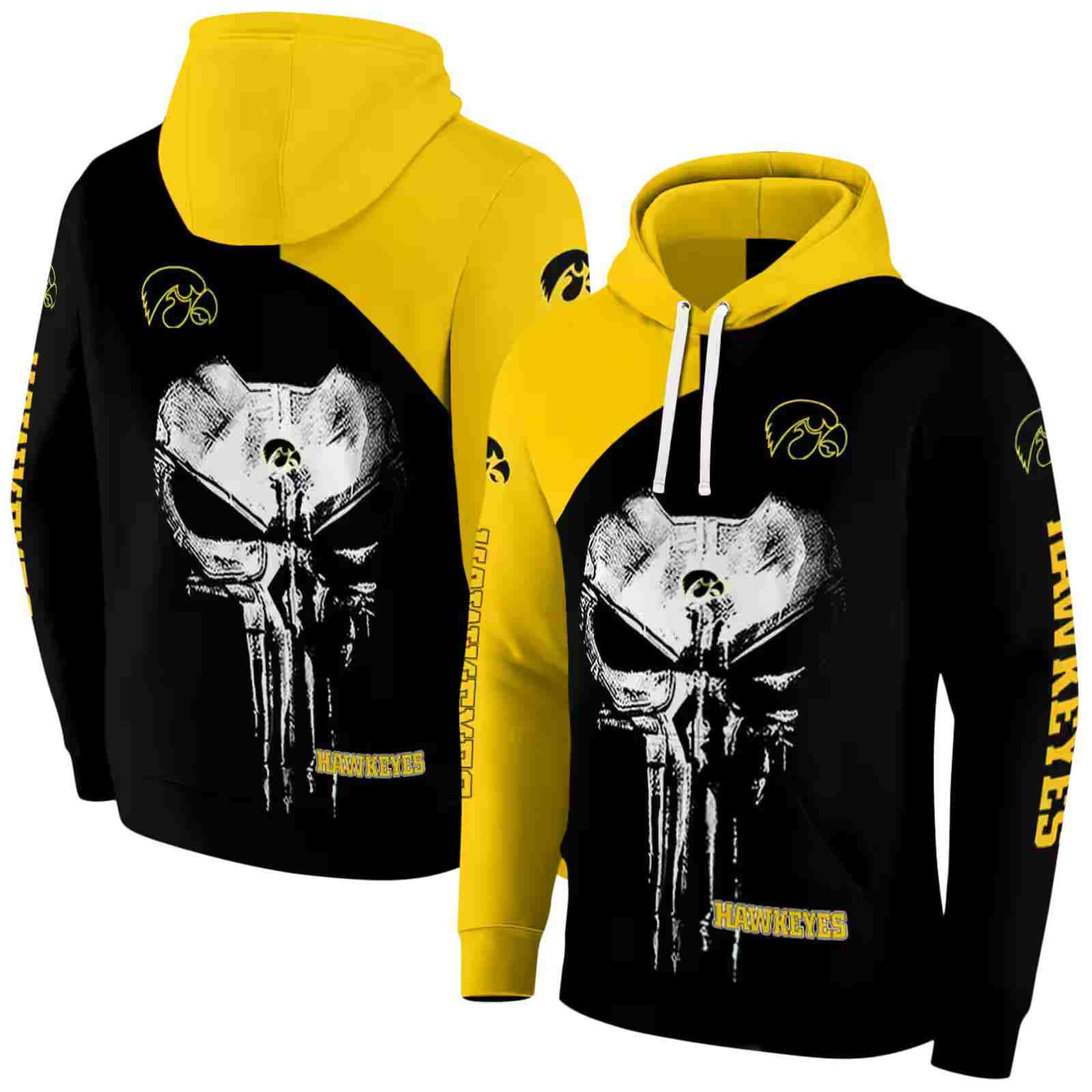 iowa hawkeyes skull punisher gold black hoodie fashion forward