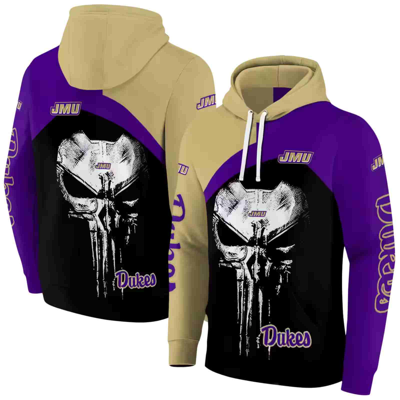 james madison dukes skull punisher gold black hoodie fashion forward