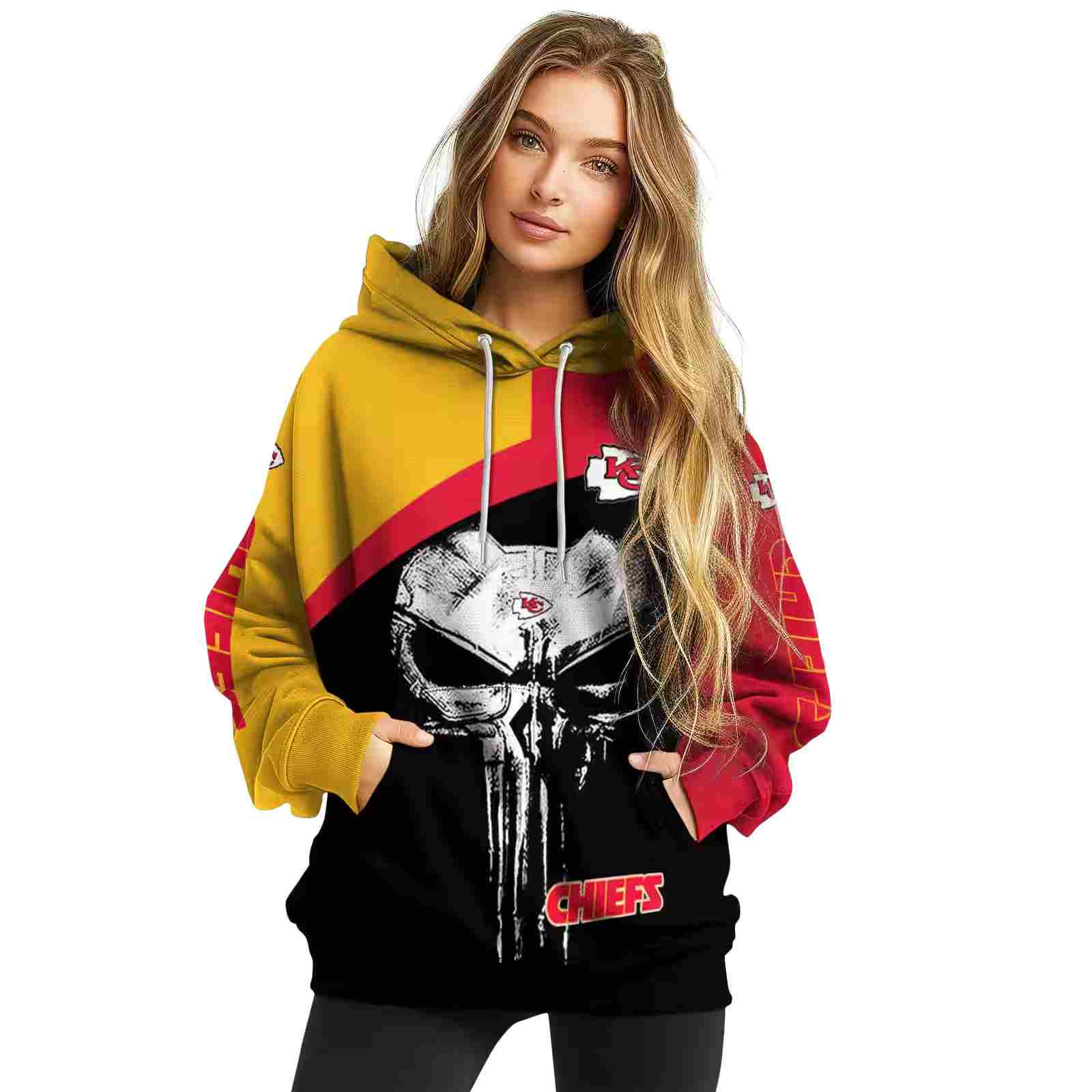 kansas city chiefs skull punisher gold black hoodie high quality