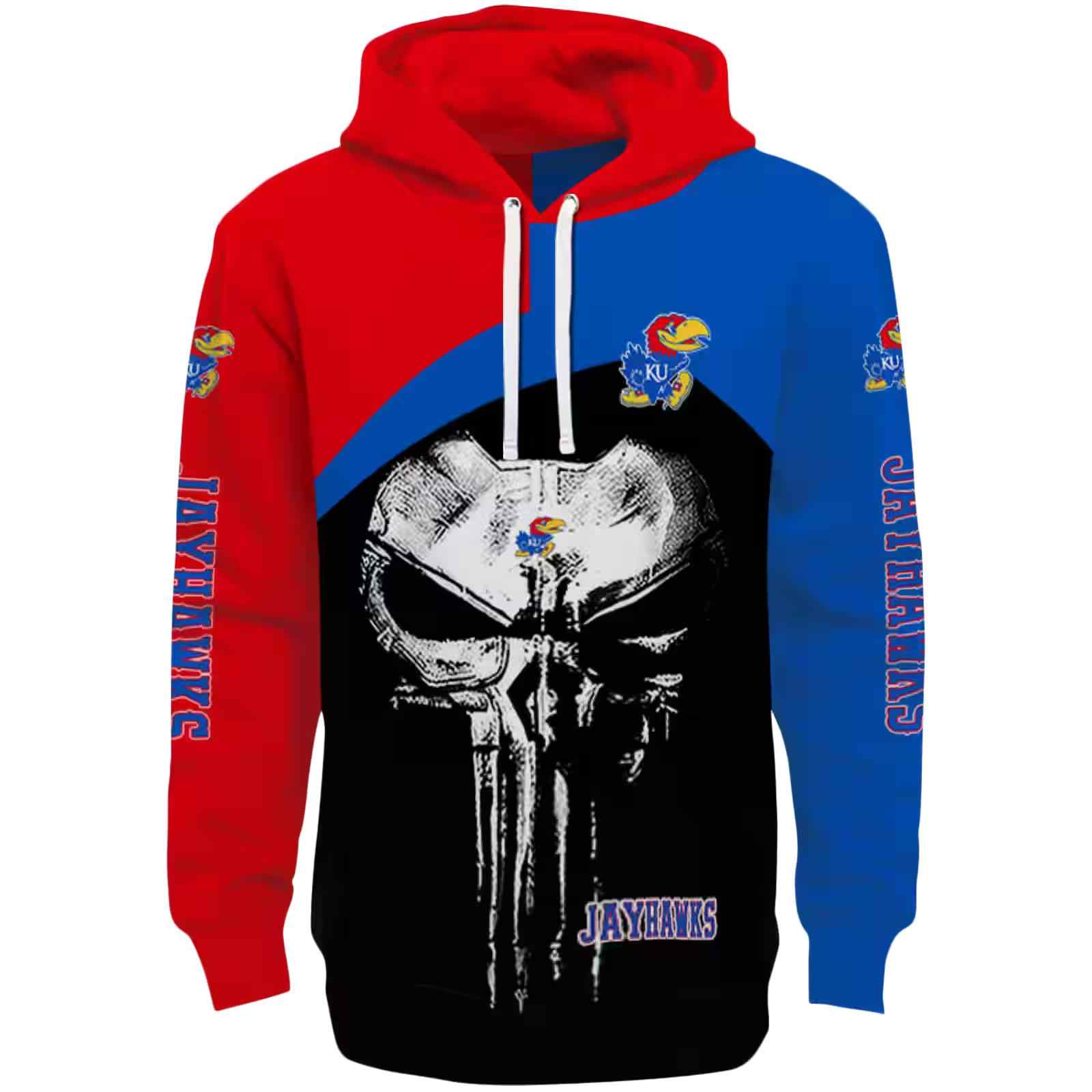 Kansas Jayhawks Skull Punisher Crimson Black Hoodie