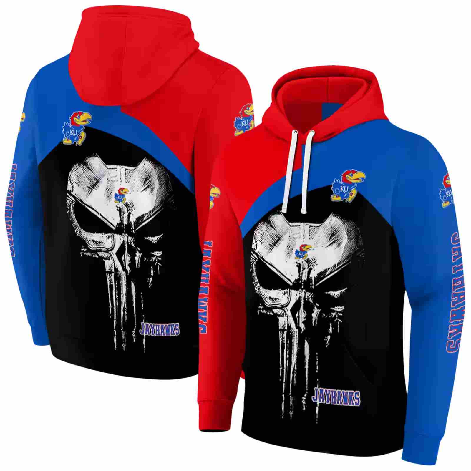 kansas jayhawks skull punisher crimson black hoodie fashion forward