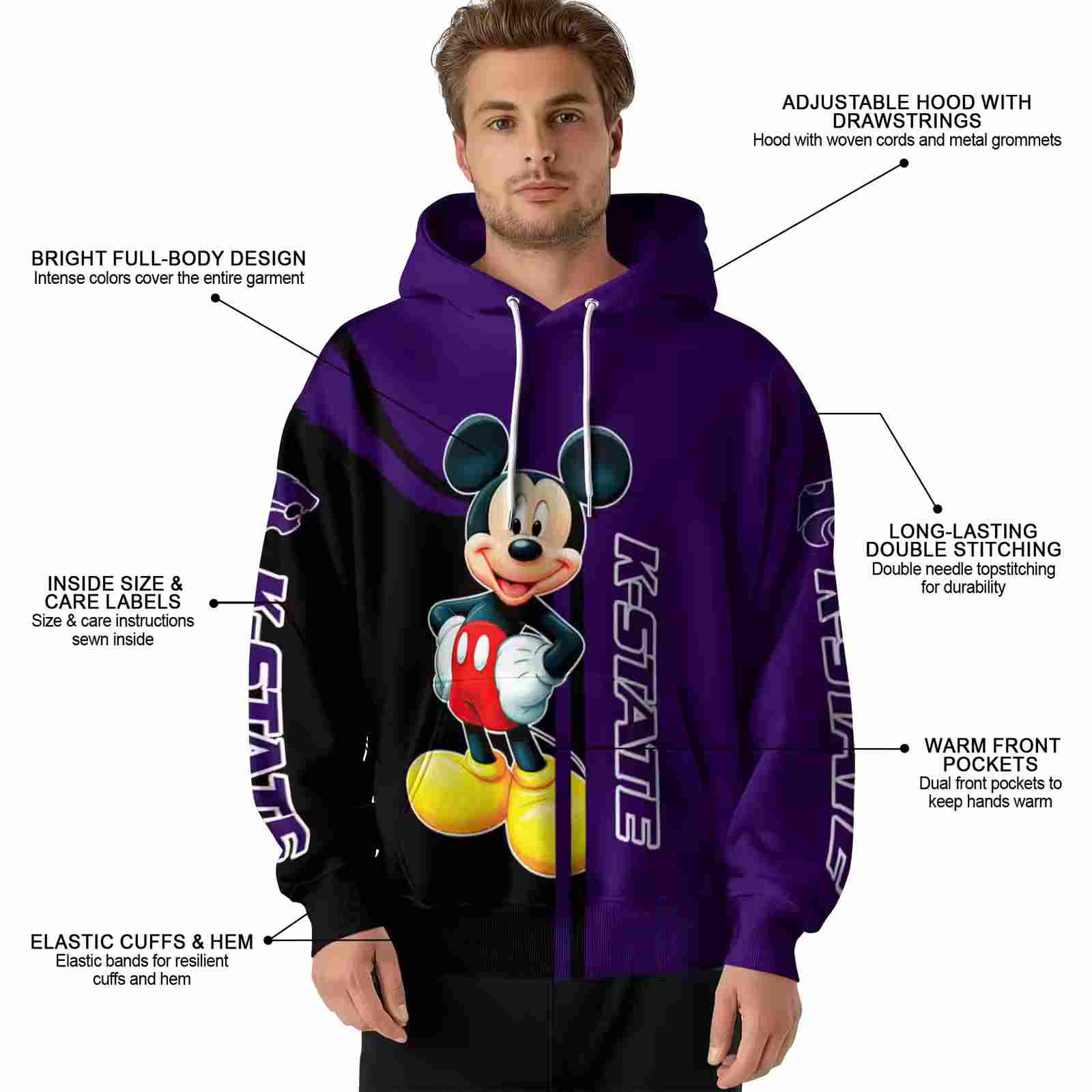 kansas state wildcats mickey mouse purple black hoodie latest model