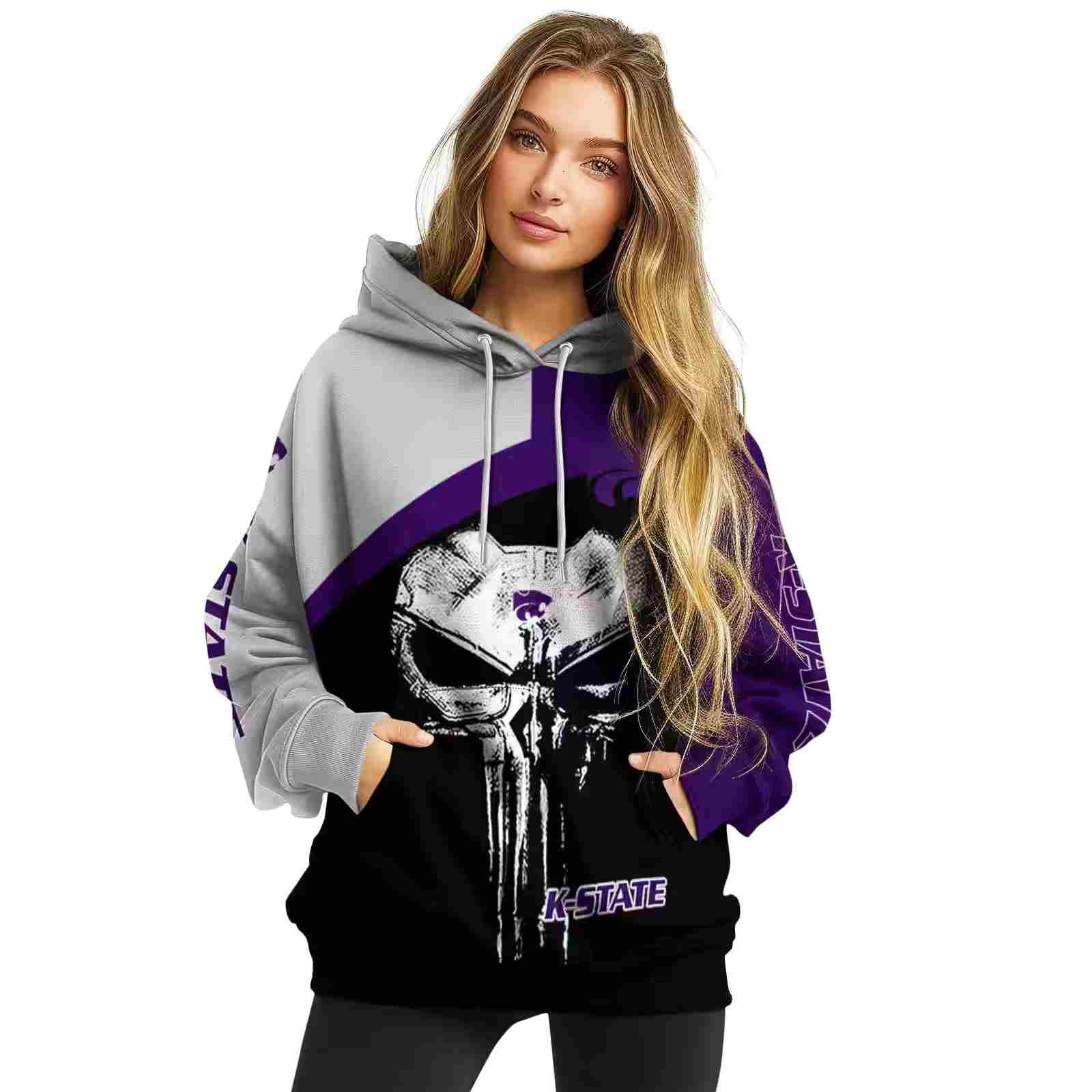 kansas state wildcats skull punisher grey black hoodie high quality