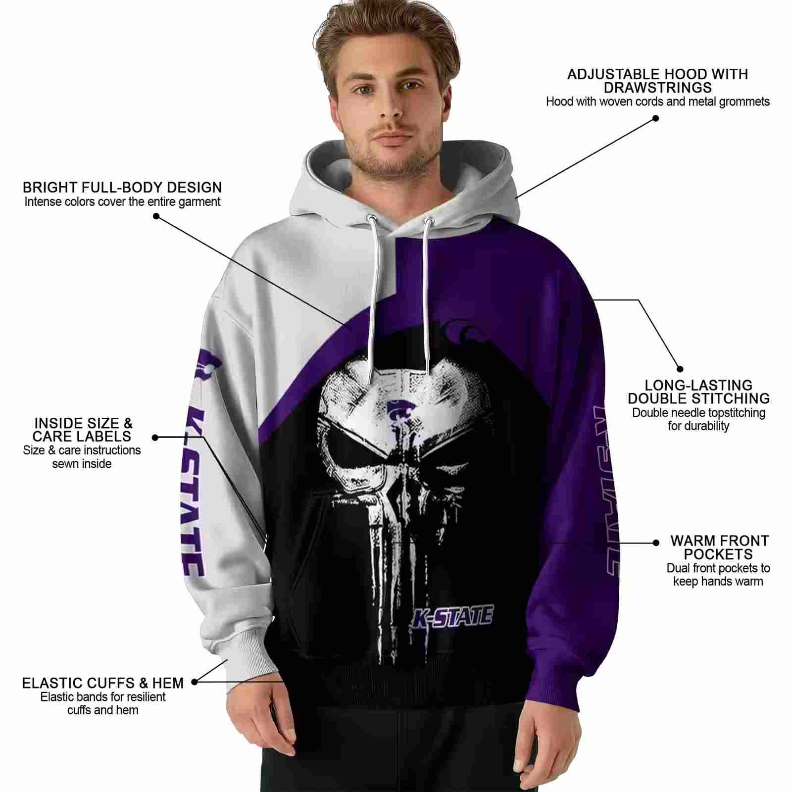 kansas state wildcats skull punisher grey black hoodie latest model