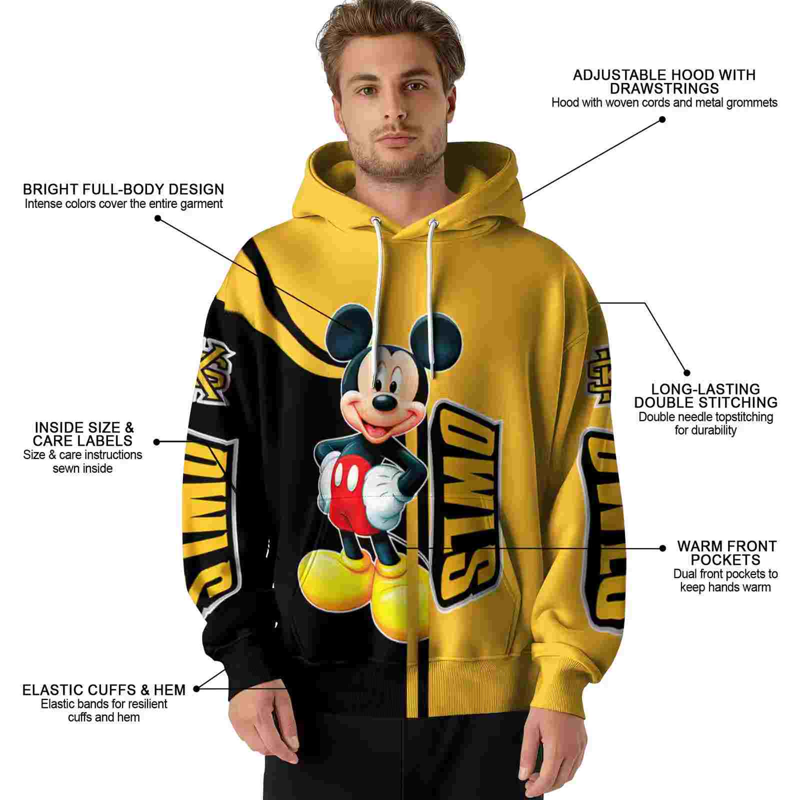 kennesaw state owls mickey mouse gold black hoodie latest model