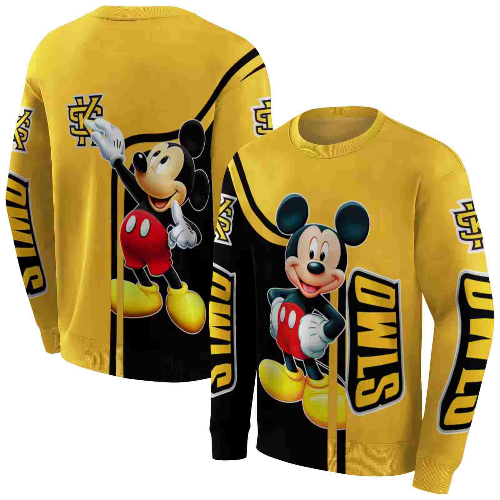 kennesaw state owls mickey mouse gold black hoodie premium grade