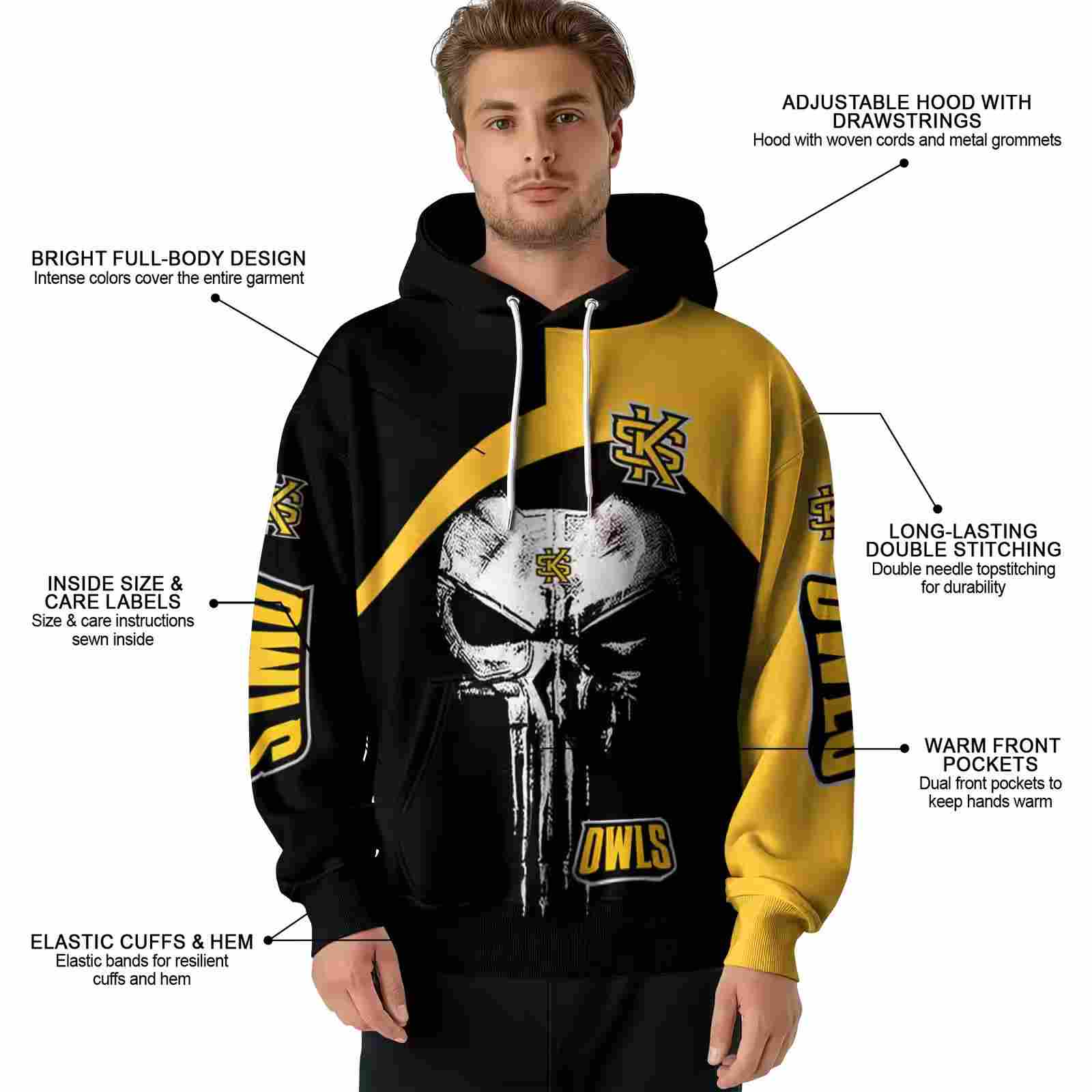 kennesaw state owls skull punisher black hoodie latest model