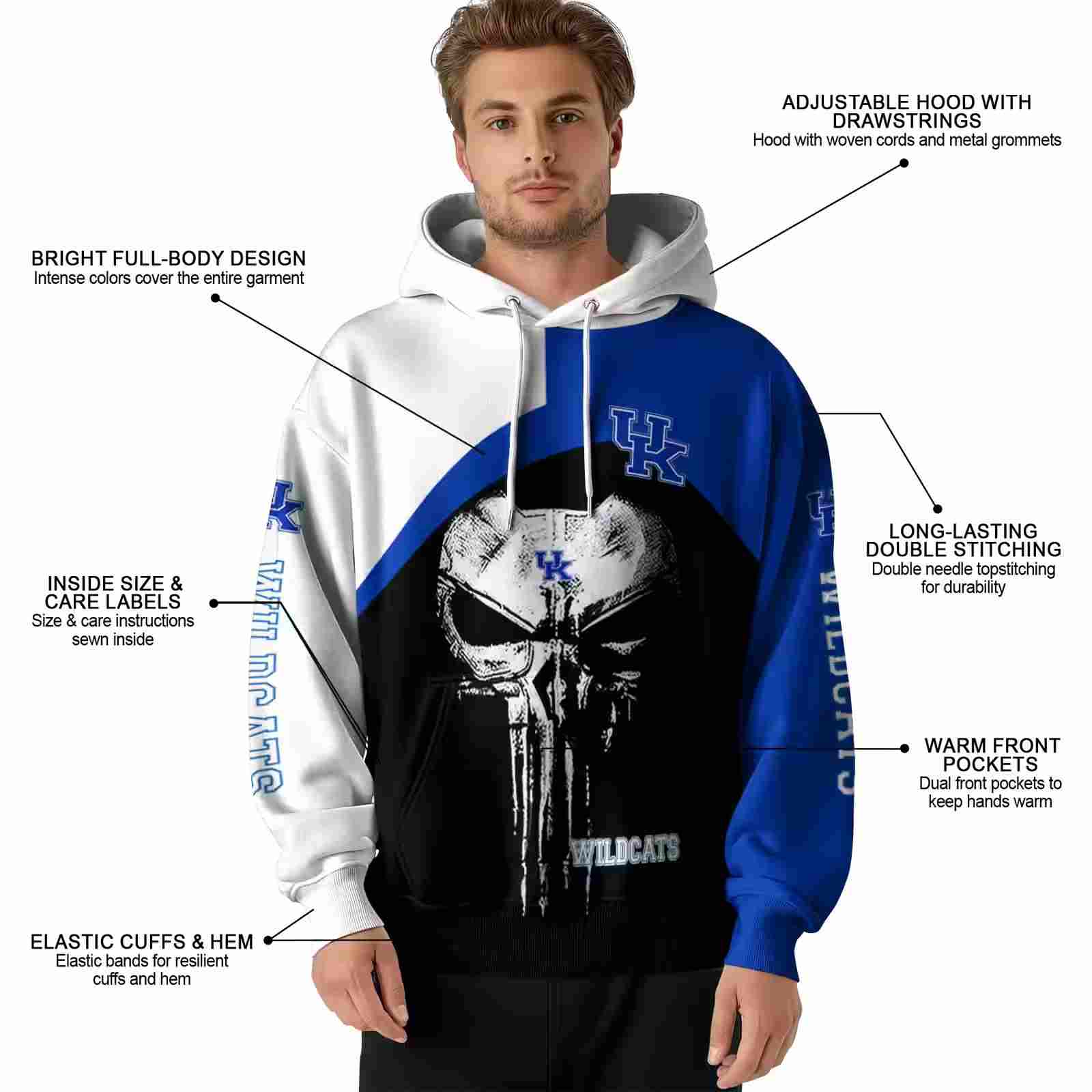 kentucky wildcats skull punisher white black hoodie latest model