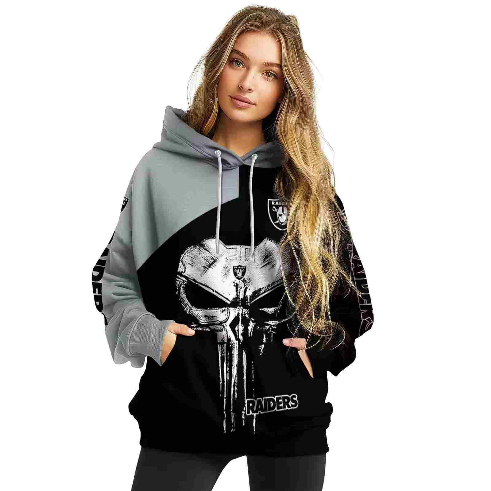 las vegas raiders skull punisher silver black hoodie high quality