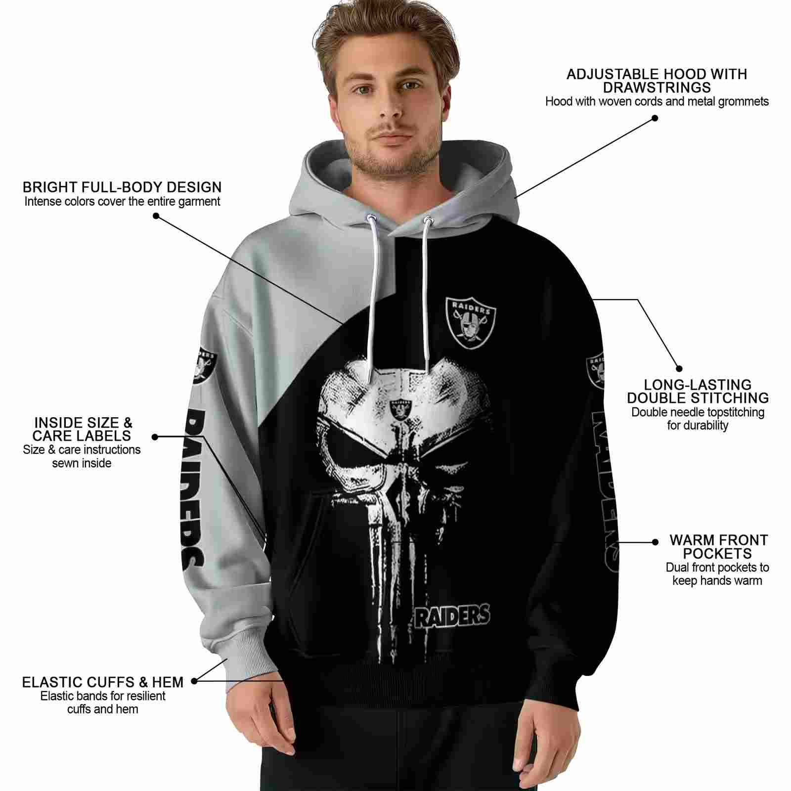 las vegas raiders skull punisher silver black hoodie latest model