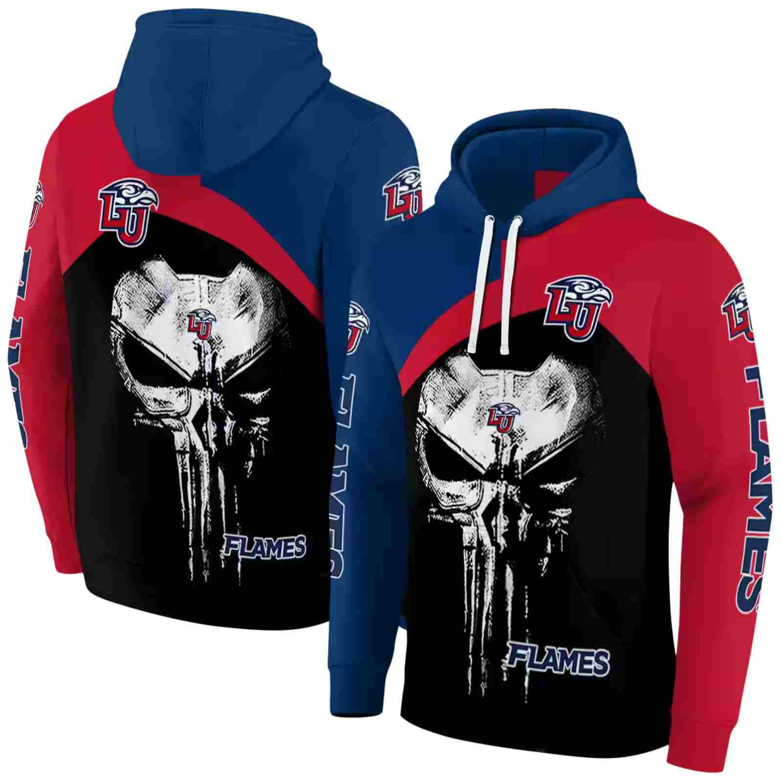 liberty flames skull punisher blue black hoodie fashion forward