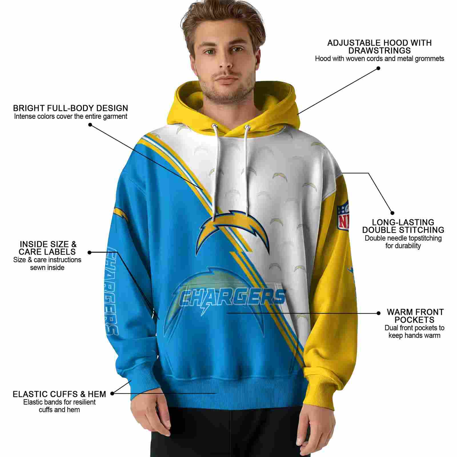 los angeles chargers diagonal stripe blue white hoodie latest model