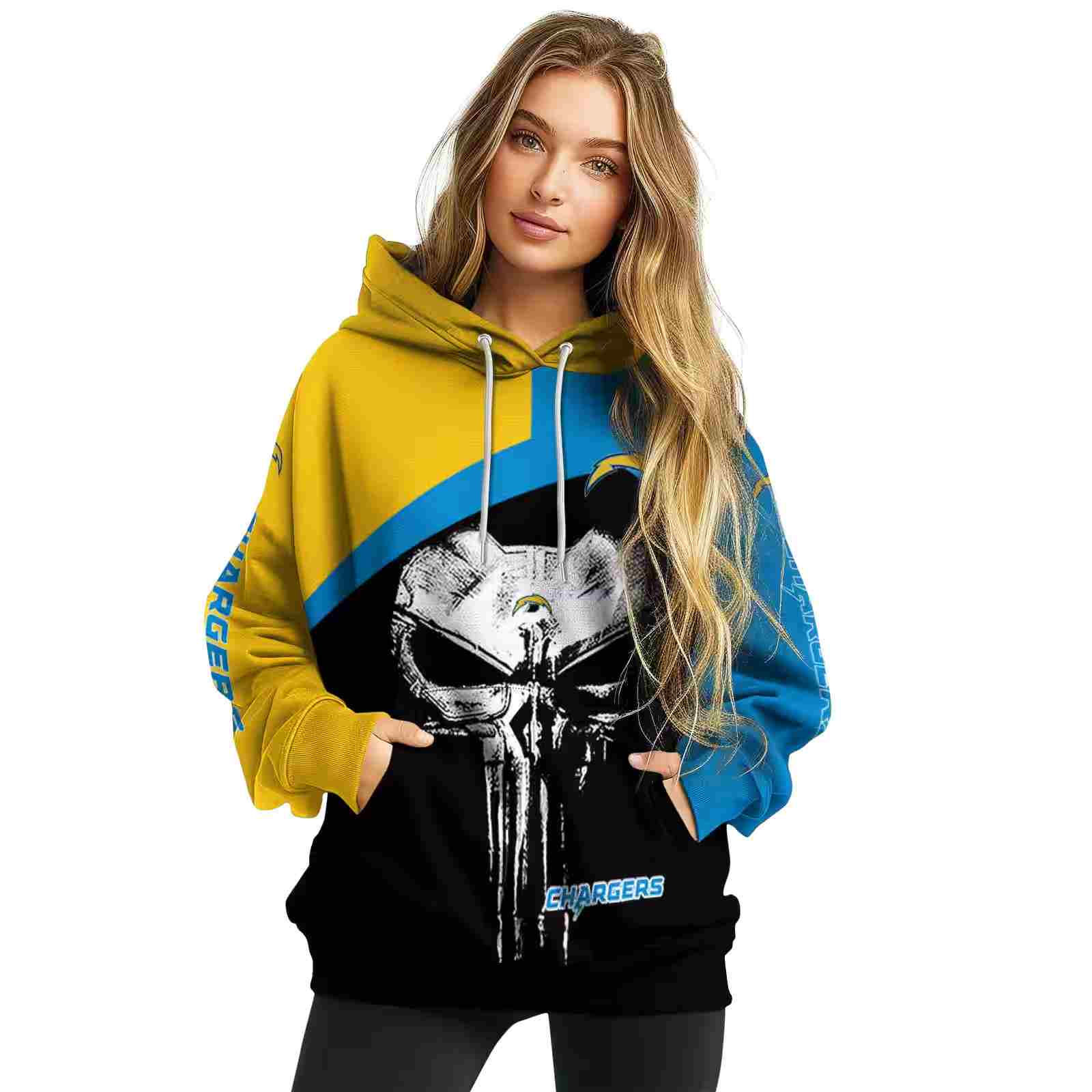 los angeles chargers skull punisher gold black hoodie high quality