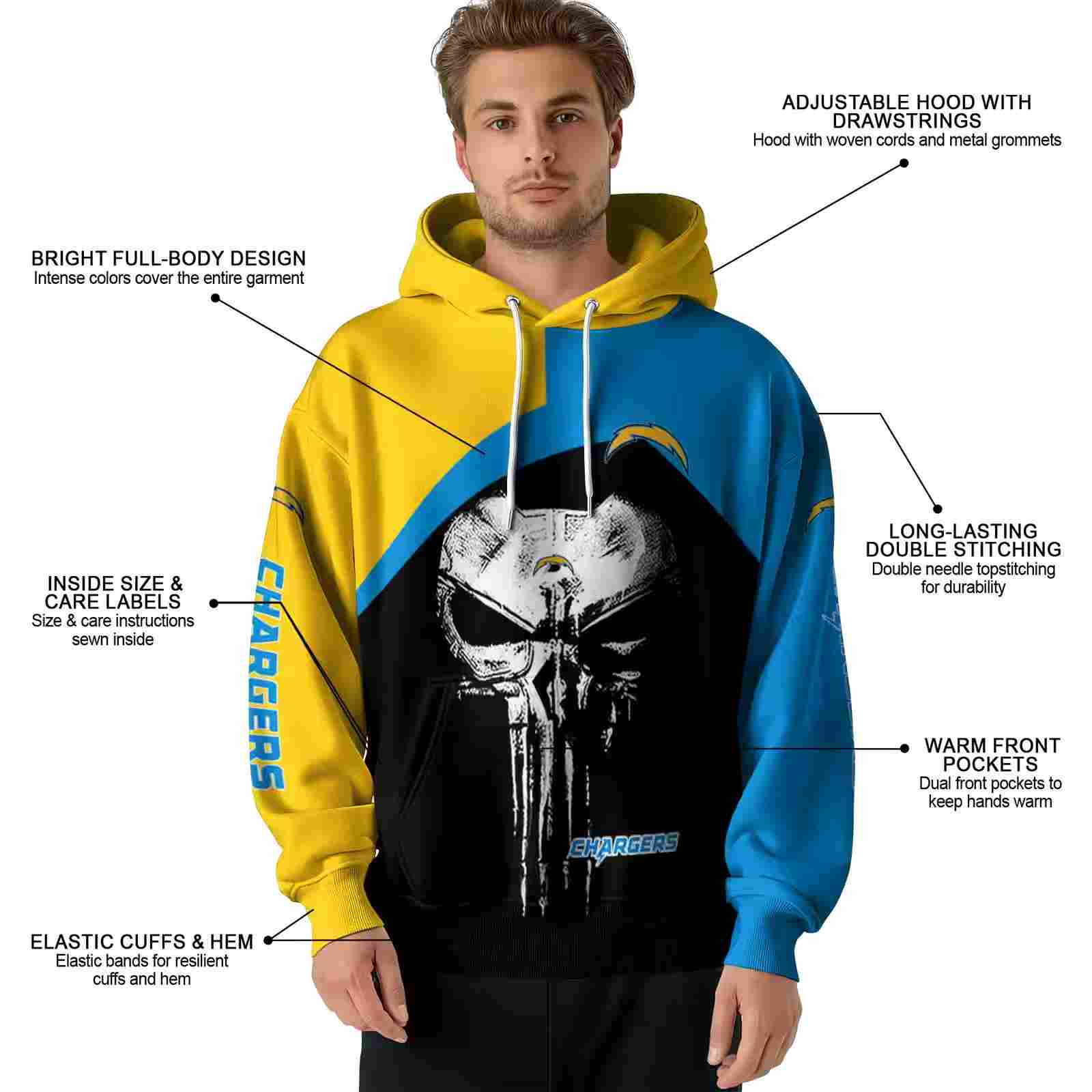 los angeles chargers skull punisher gold black hoodie latest model