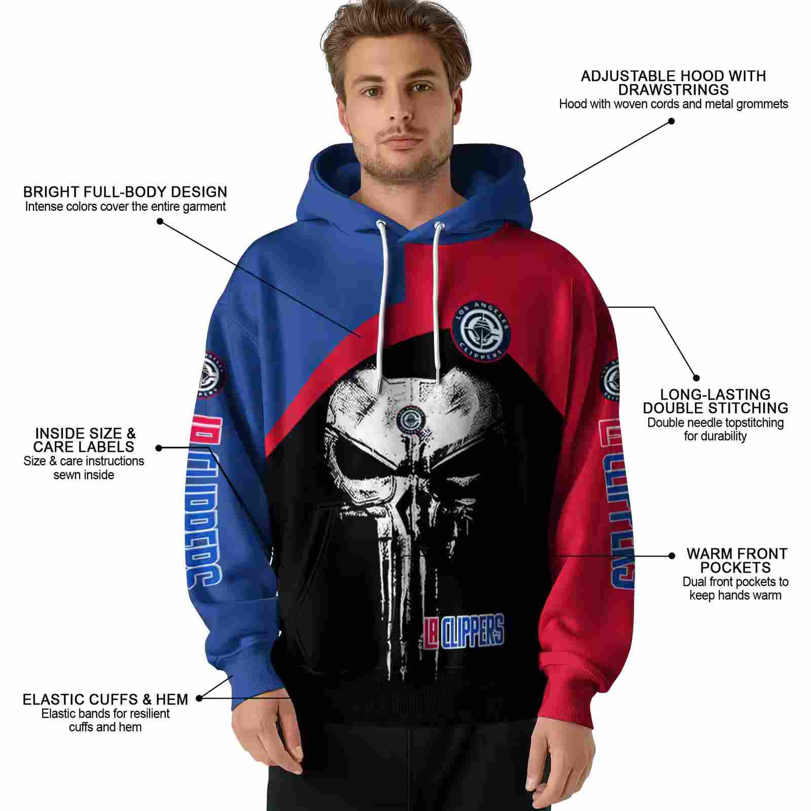 los angeles clippers skull punisher blue black hoodie latest model