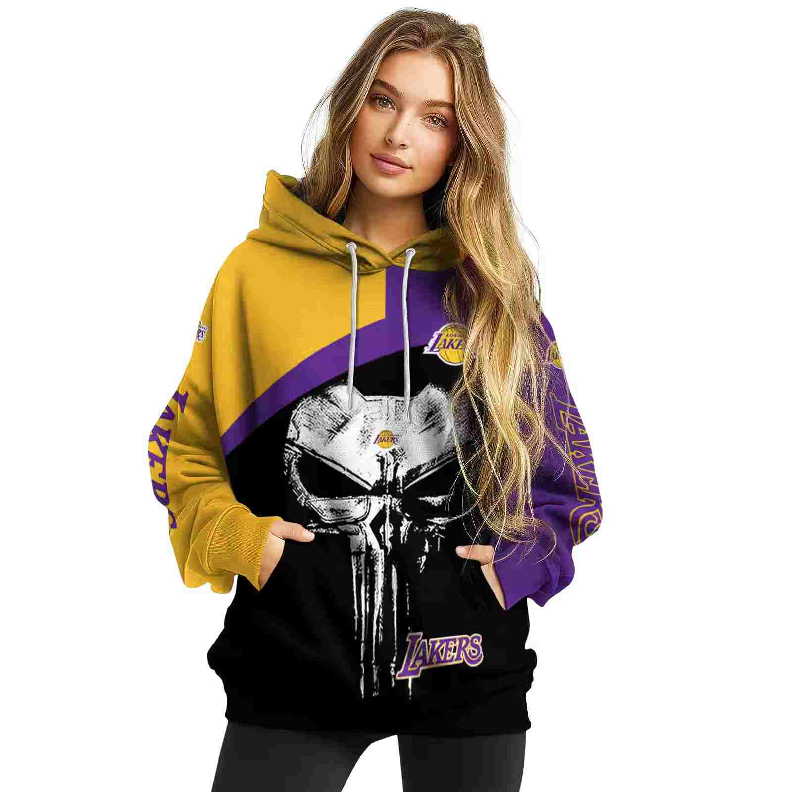 los angeles lakers skull punisher gold black hoodie high quality