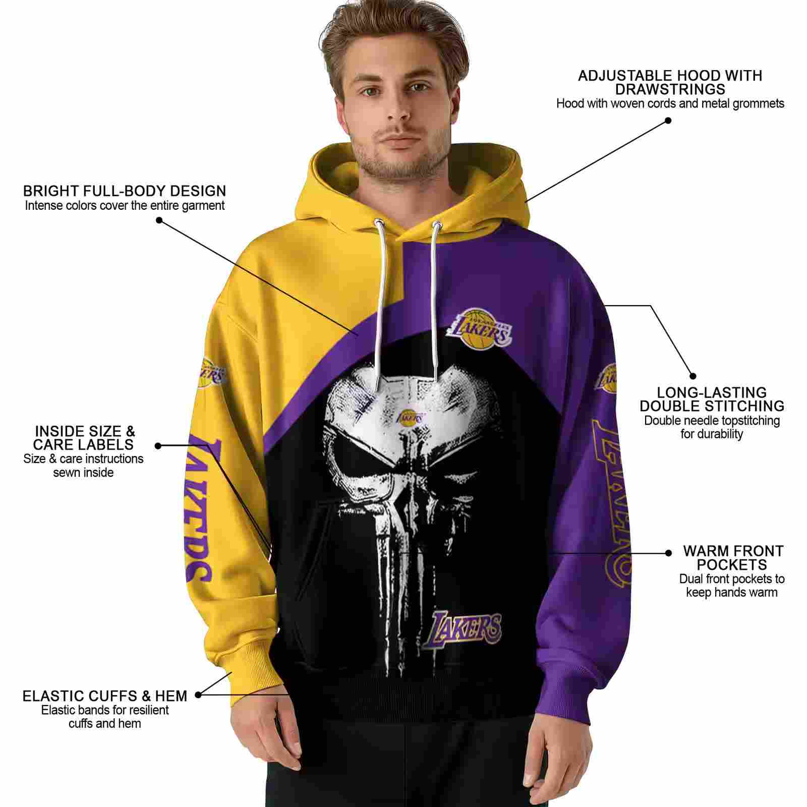 los angeles lakers skull punisher gold black hoodie latest model