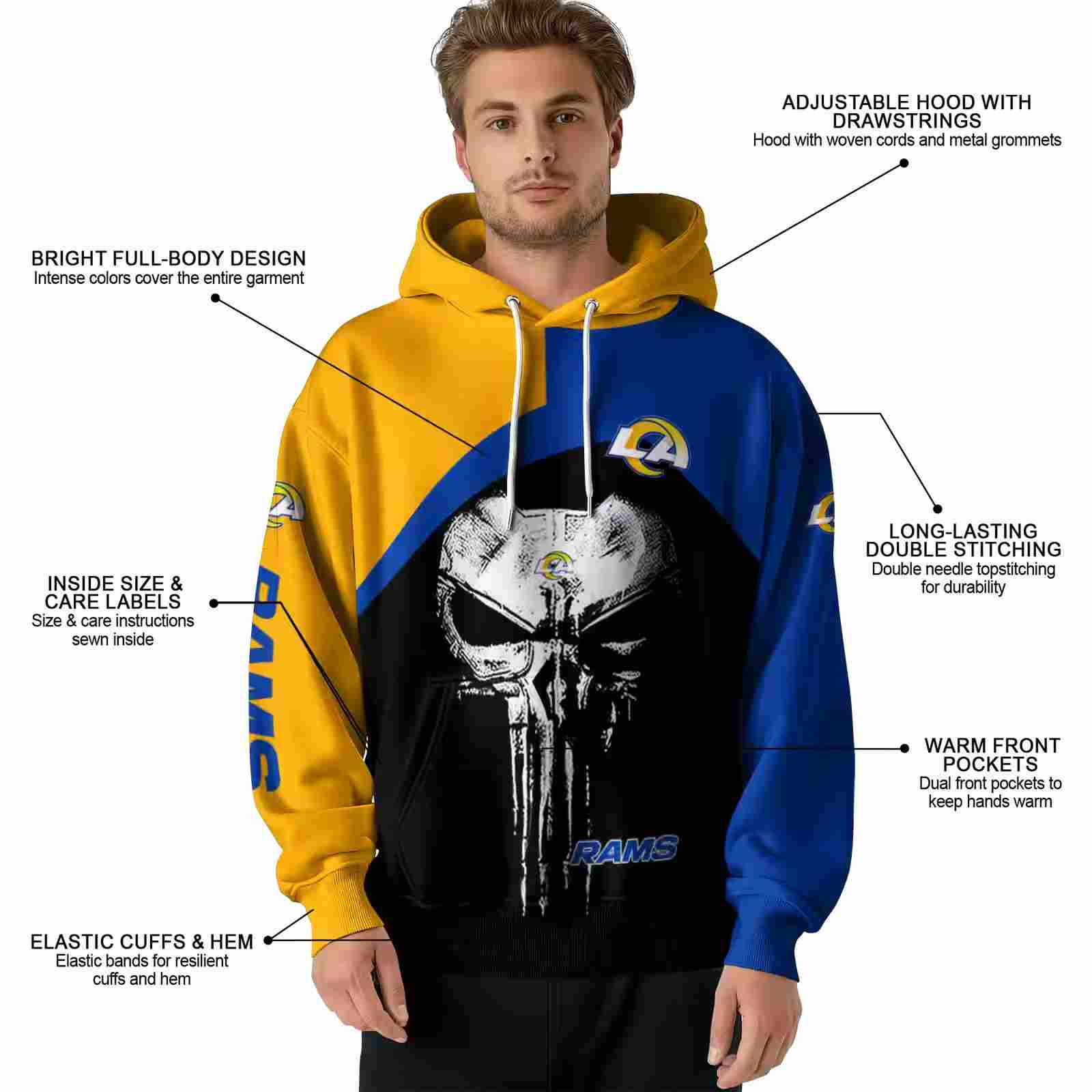 los angeles rams skull punisher orange black hoodie latest model