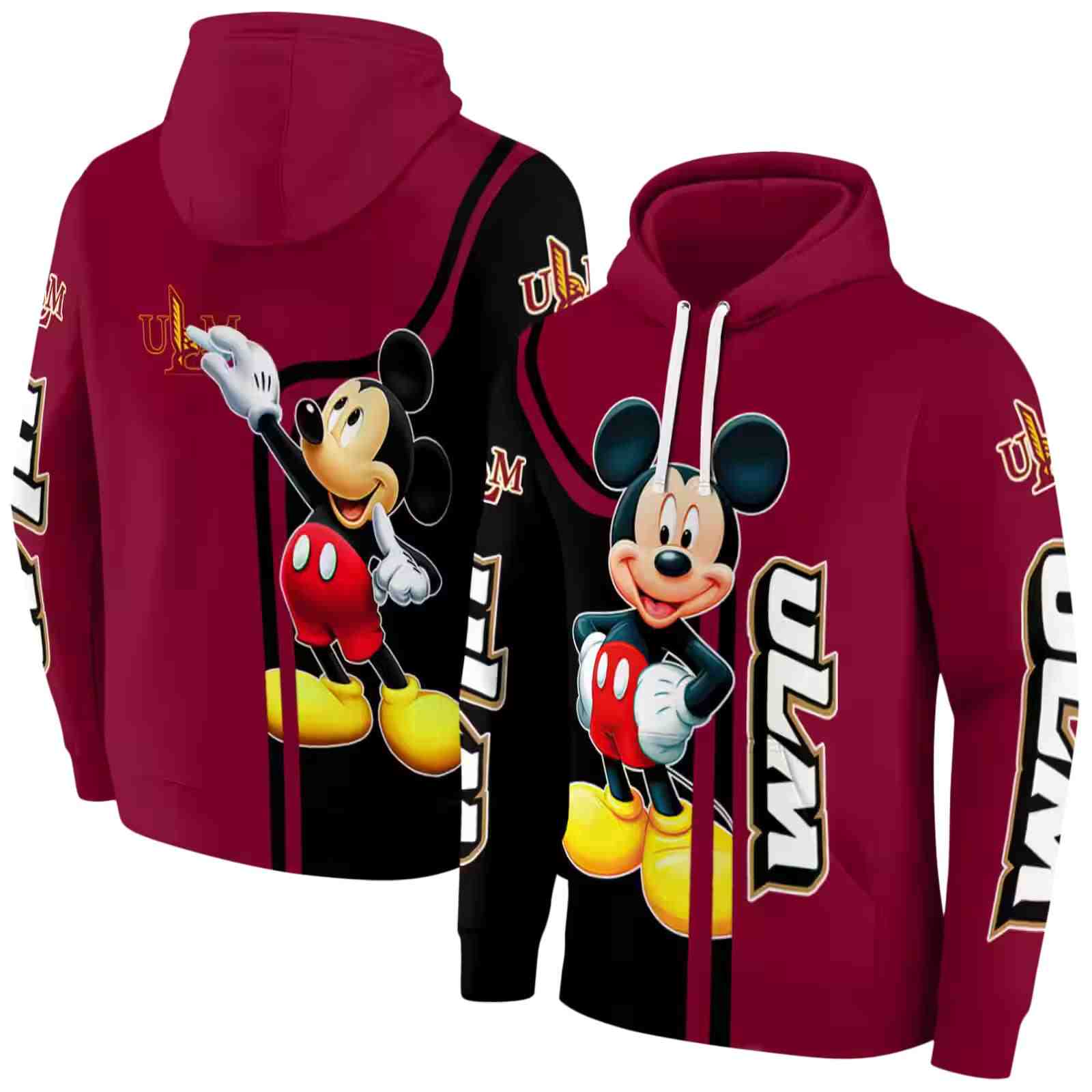 louisiana monroe warhawks mickey mouse red black hoodie fashion forward
