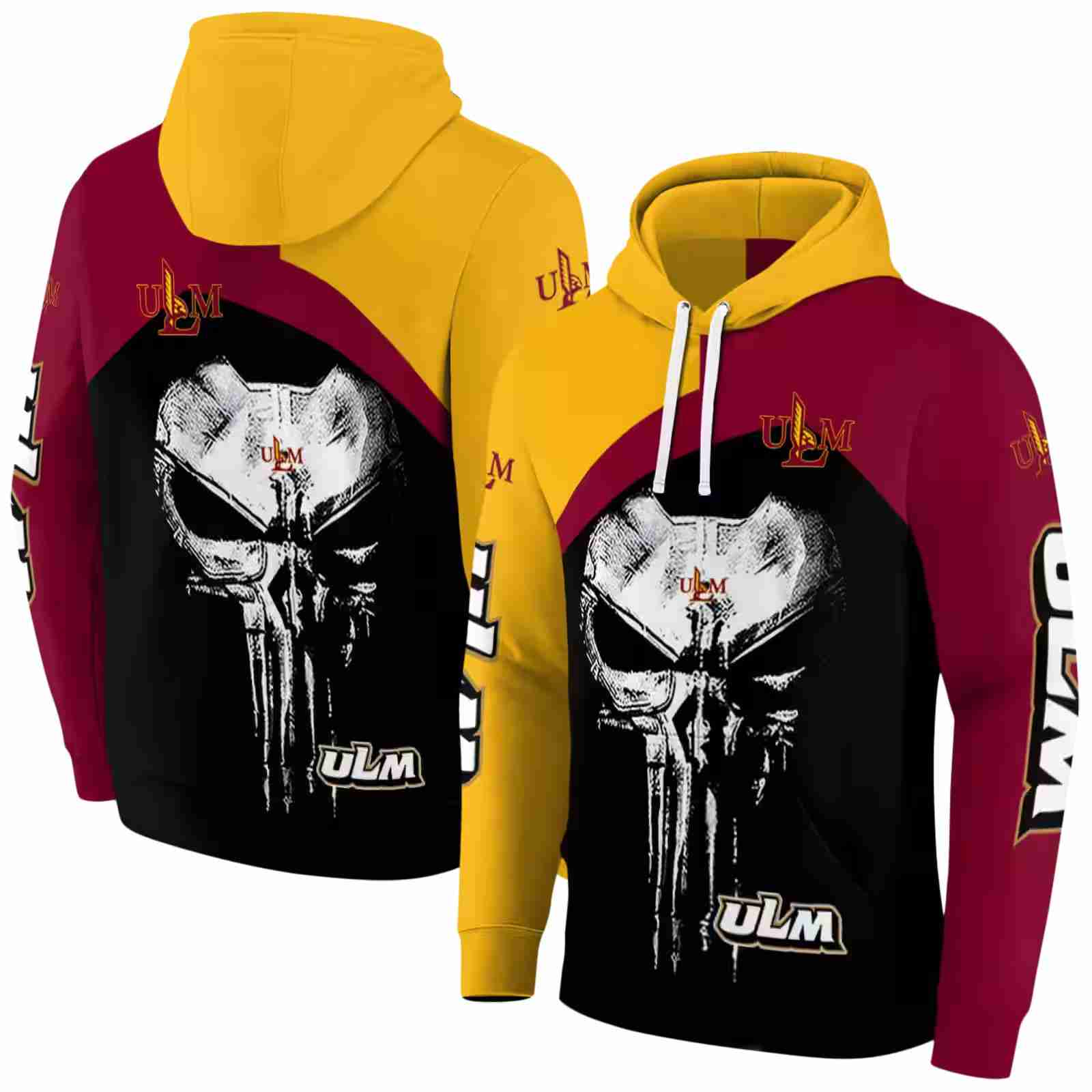 louisiana monroe warhawks skull punisher gold black hoodie fashion forward