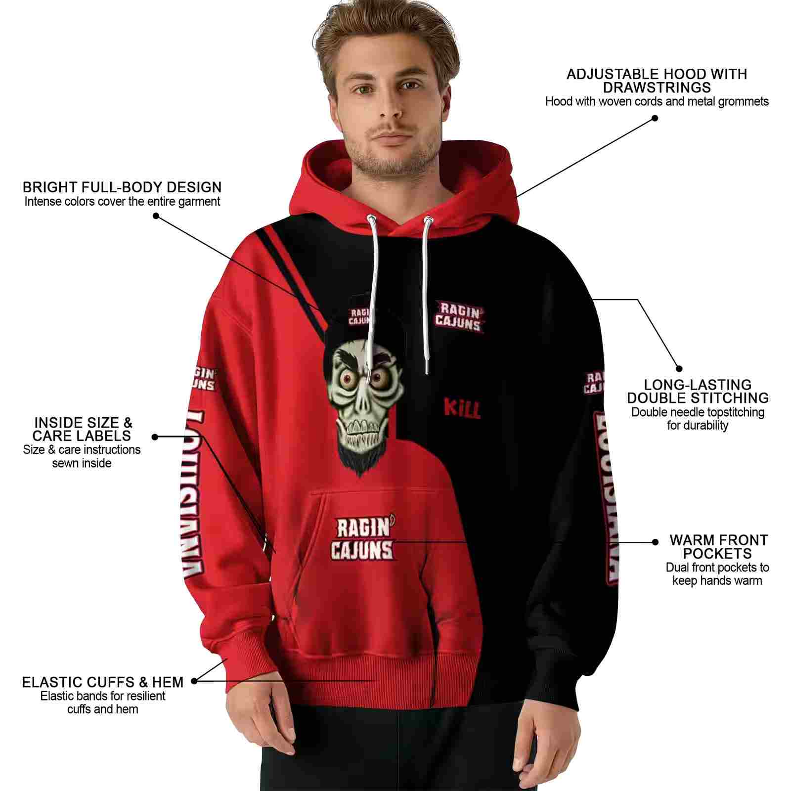 louisiana ragin cajuns achmed skull red hoodie latest model