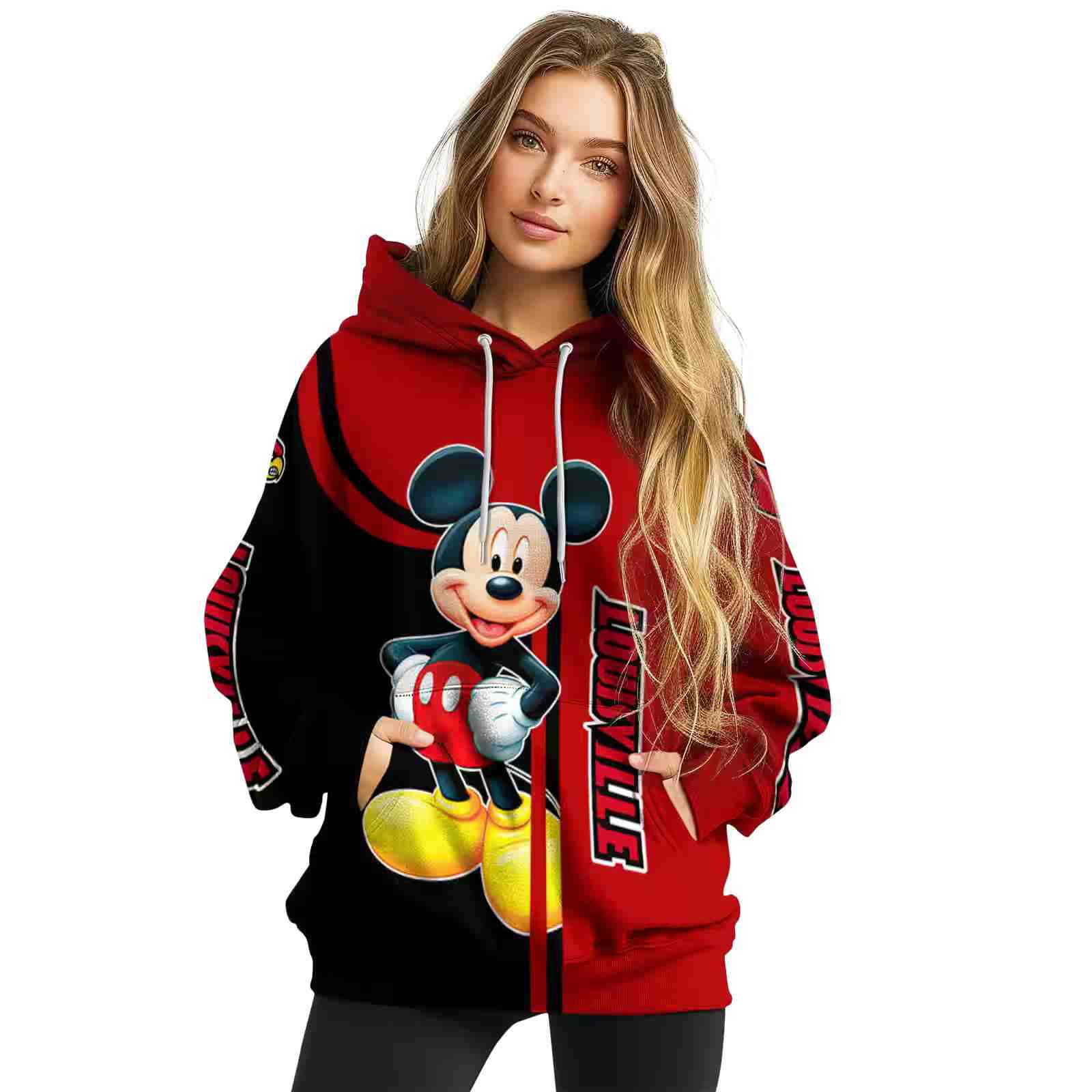 louisville cardinals mickey mouse red black hoodie high quality