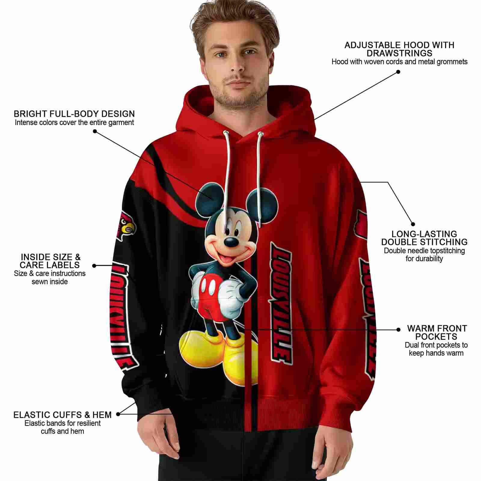 louisville cardinals mickey mouse red black hoodie latest model