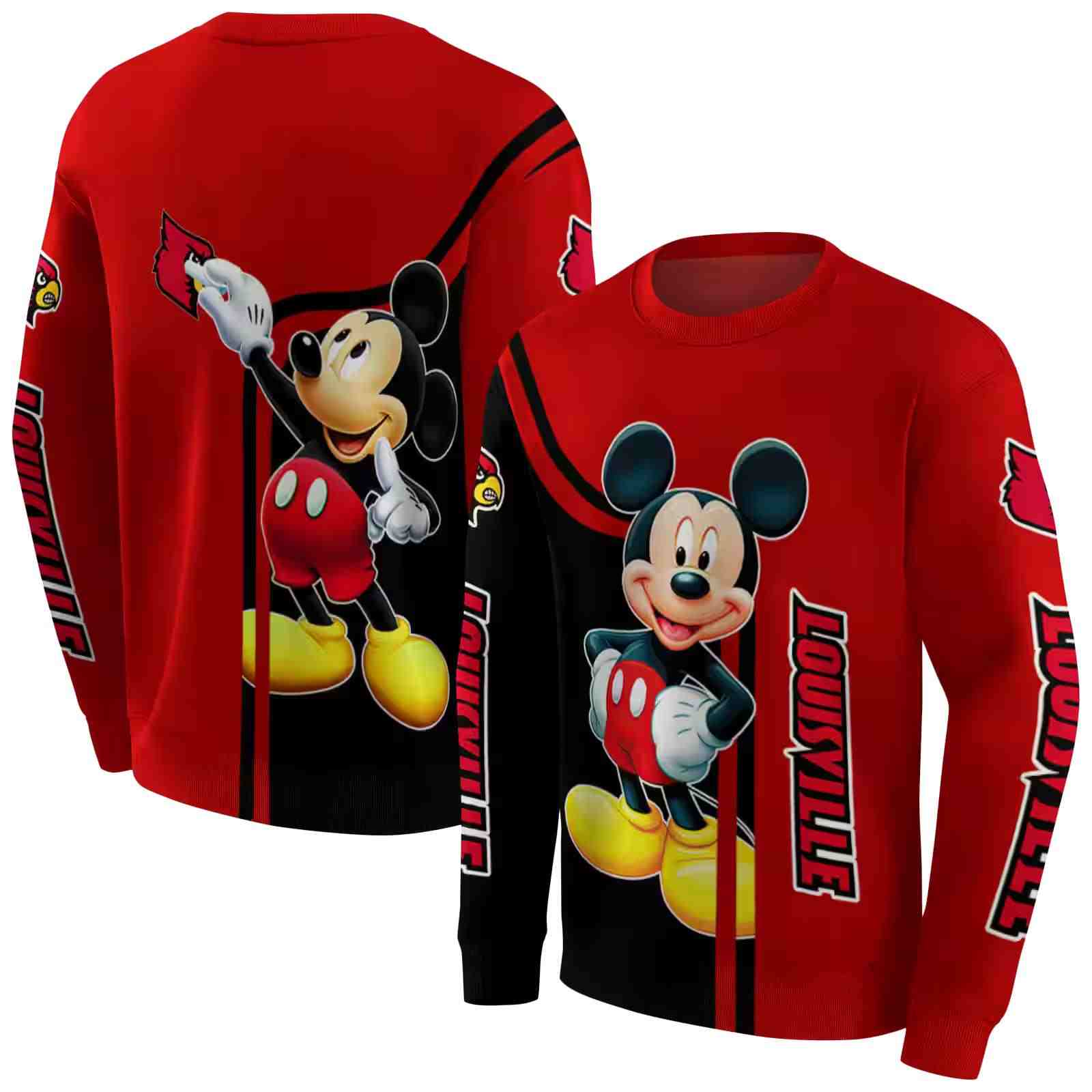 louisville cardinals mickey mouse red black hoodie premium grade