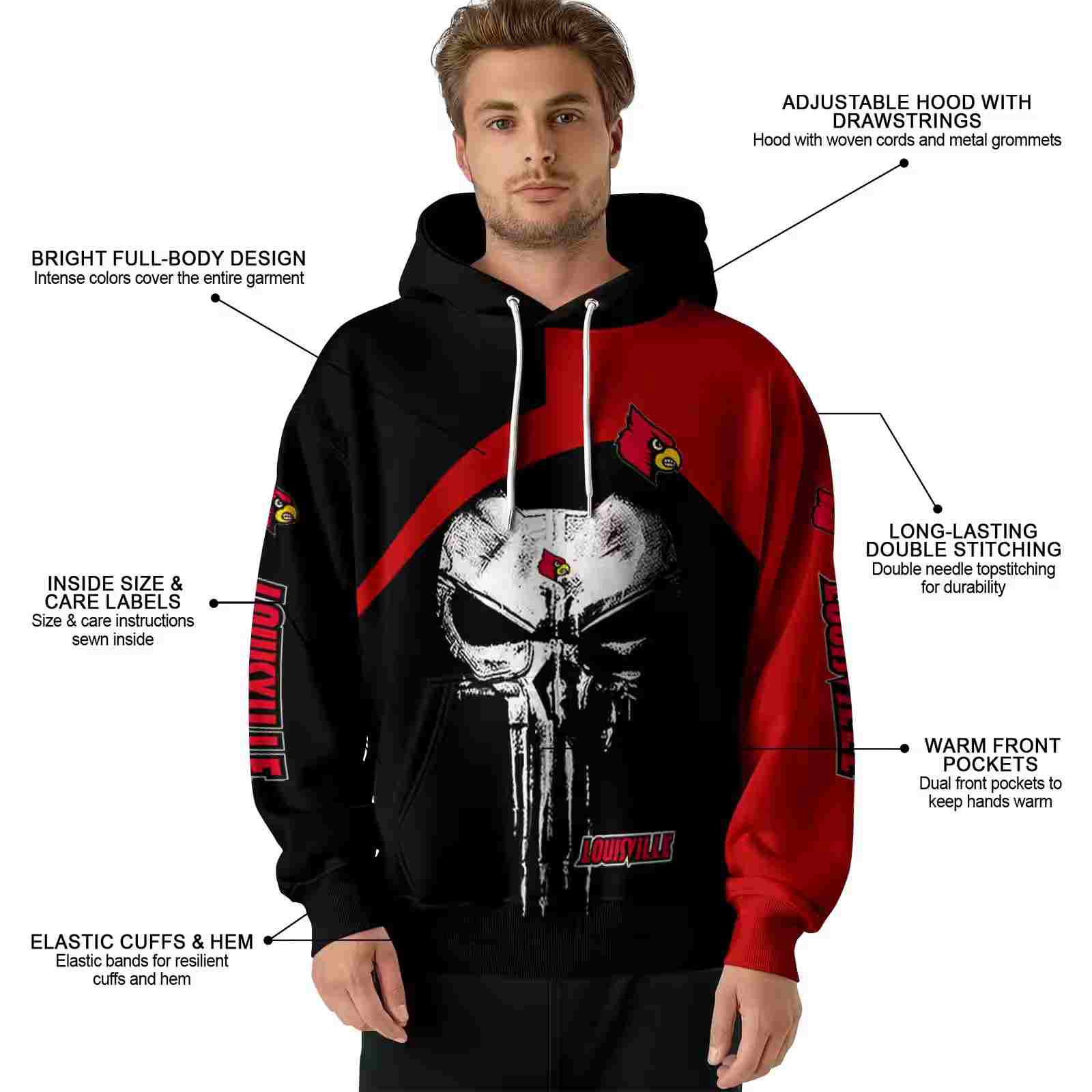 louisville cardinals skull punisher black hoodie latest model