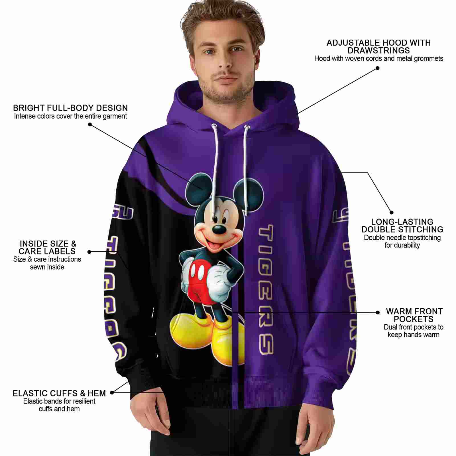 lsu tigers mickey mouse purple black hoodie latest model