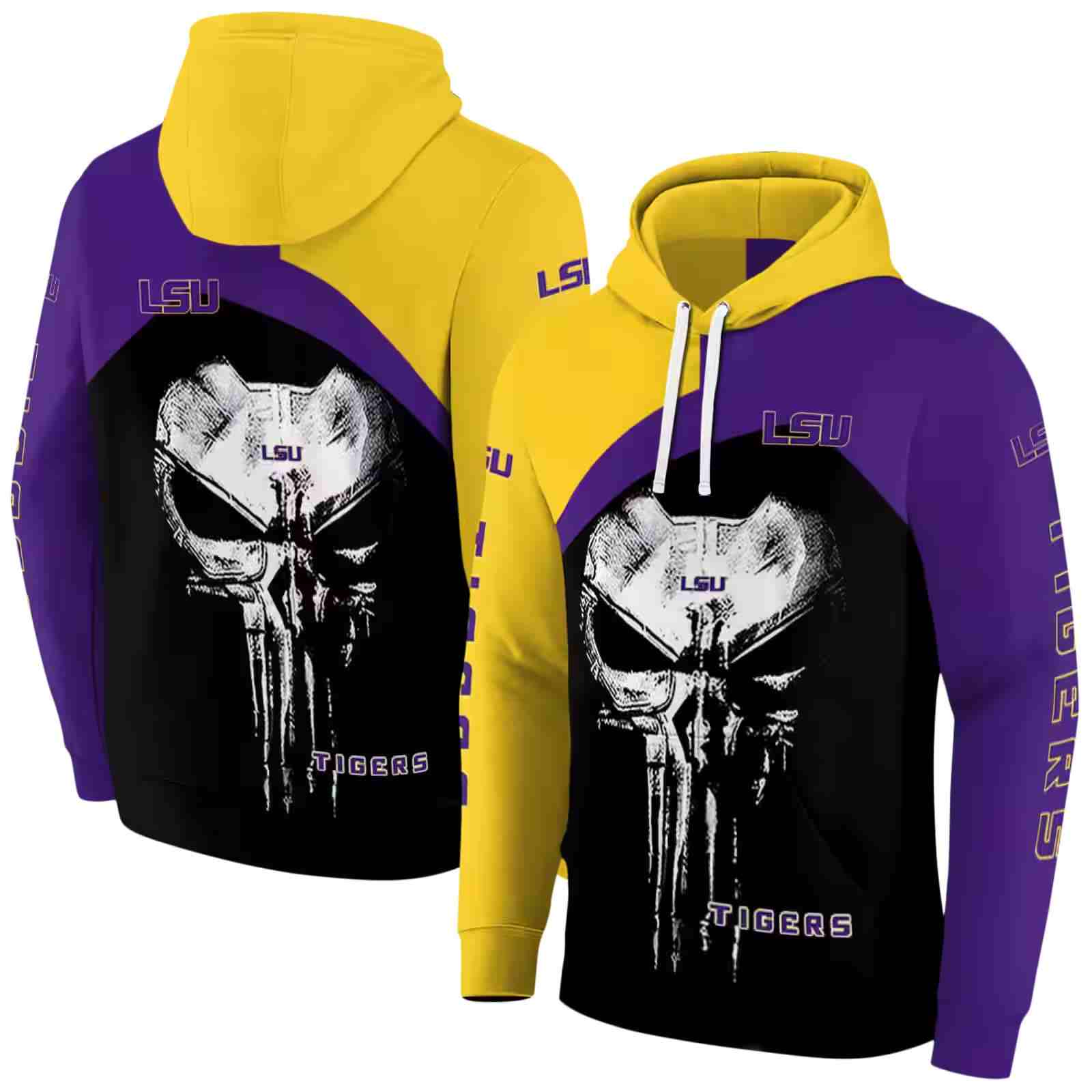 lsu tigers skull punisher gold black hoodie fashion forward