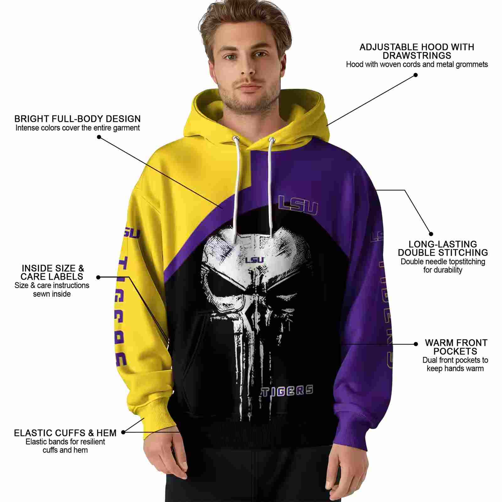 lsu tigers skull punisher gold black hoodie latest model