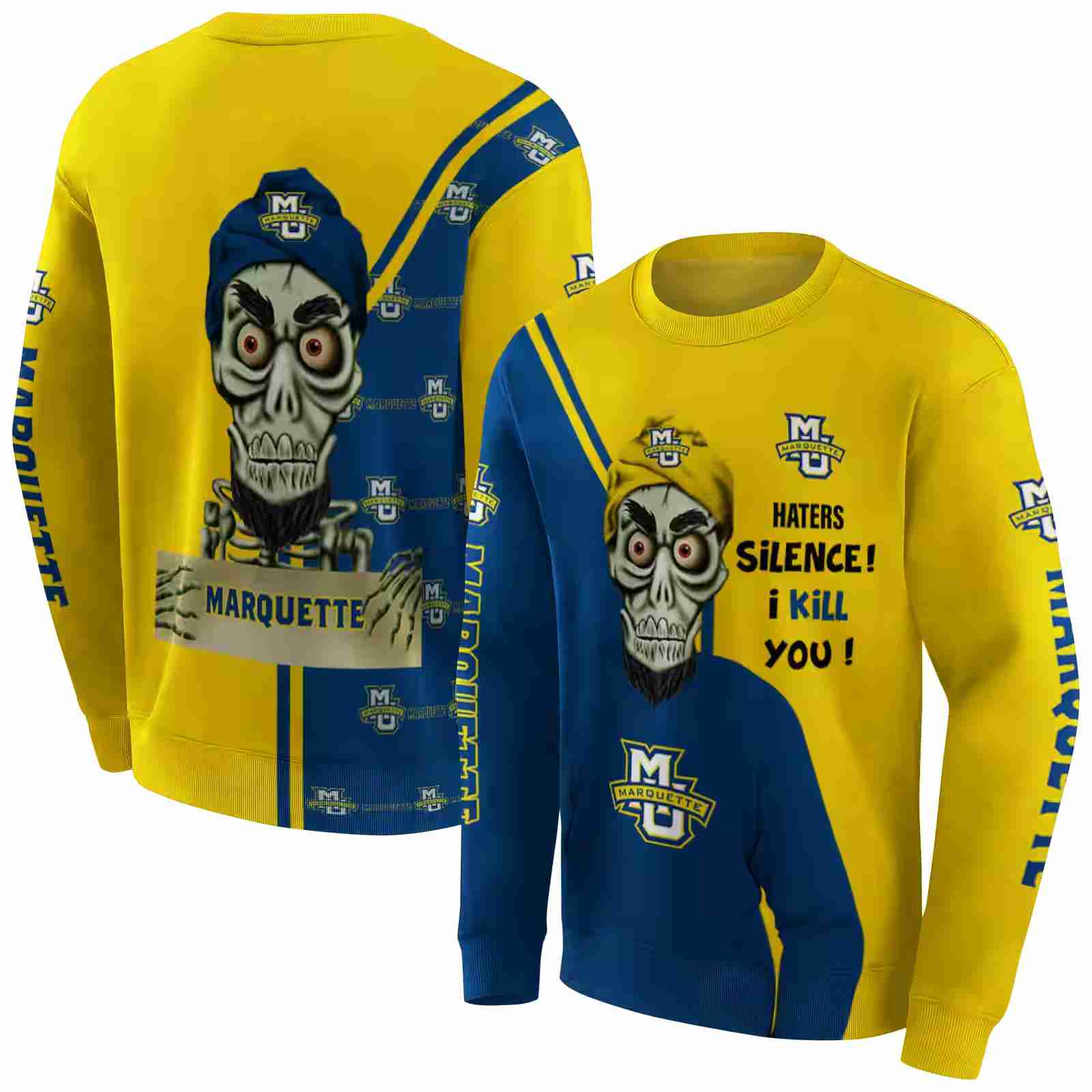 marquette golden eagles achmed skull blue hoodie premium grade